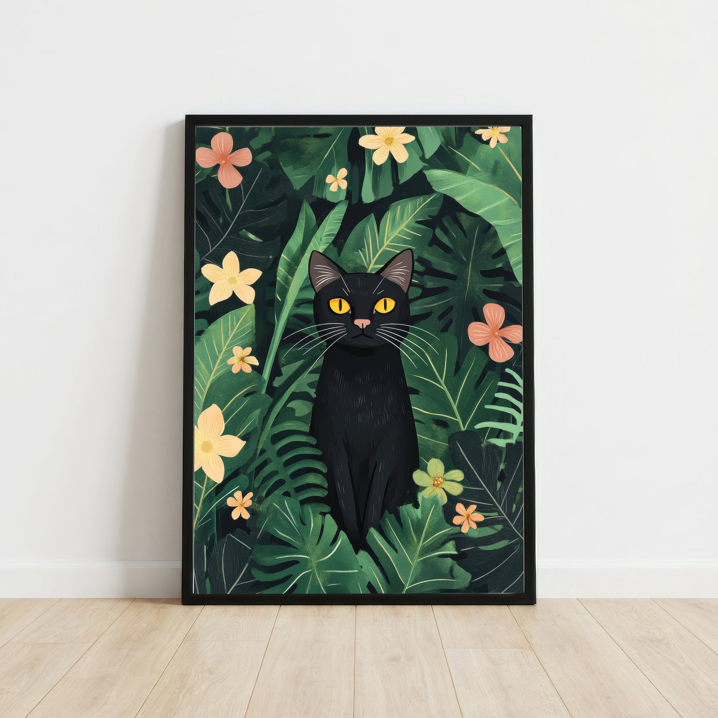 Black Cat Tropical Botanical Art Print