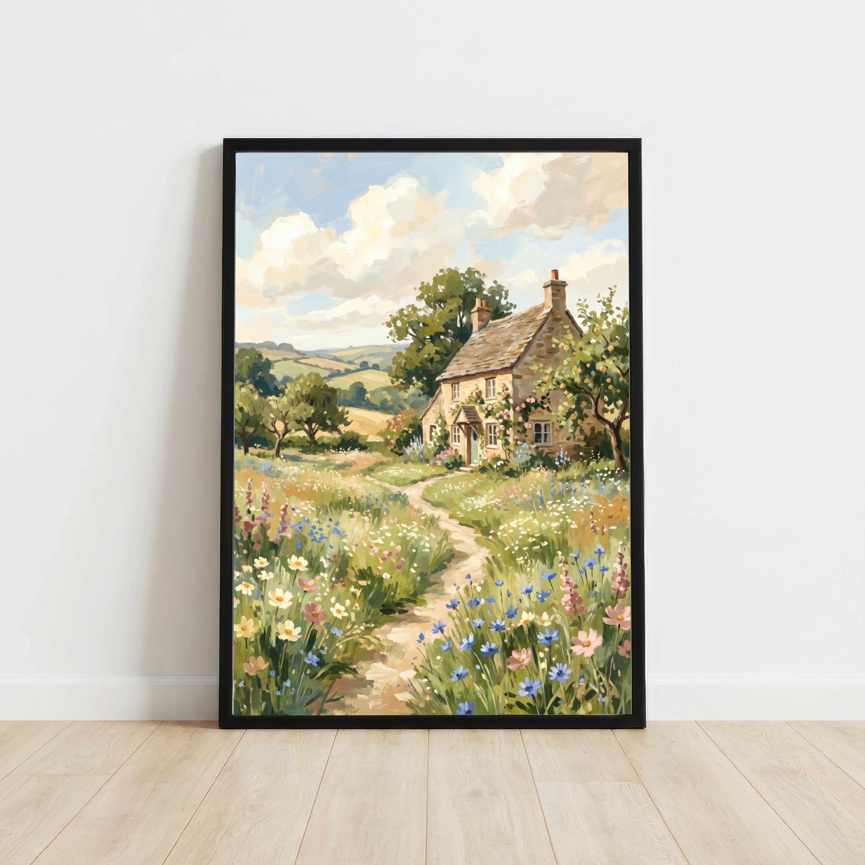 Cottage Meadow Landscape Art Print