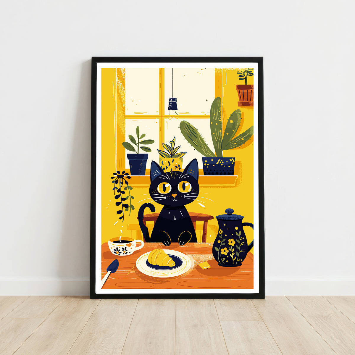 Black Cat Breakfast Art Print
