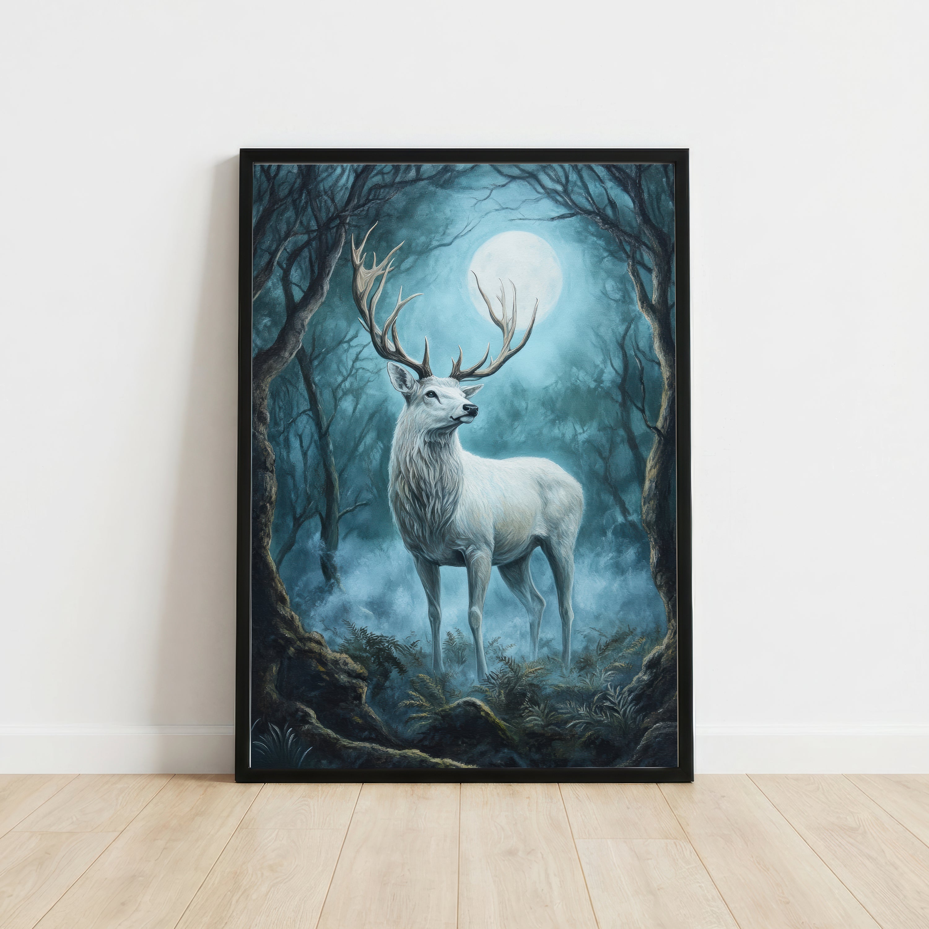 White Stag Moonlit Forest Art Print