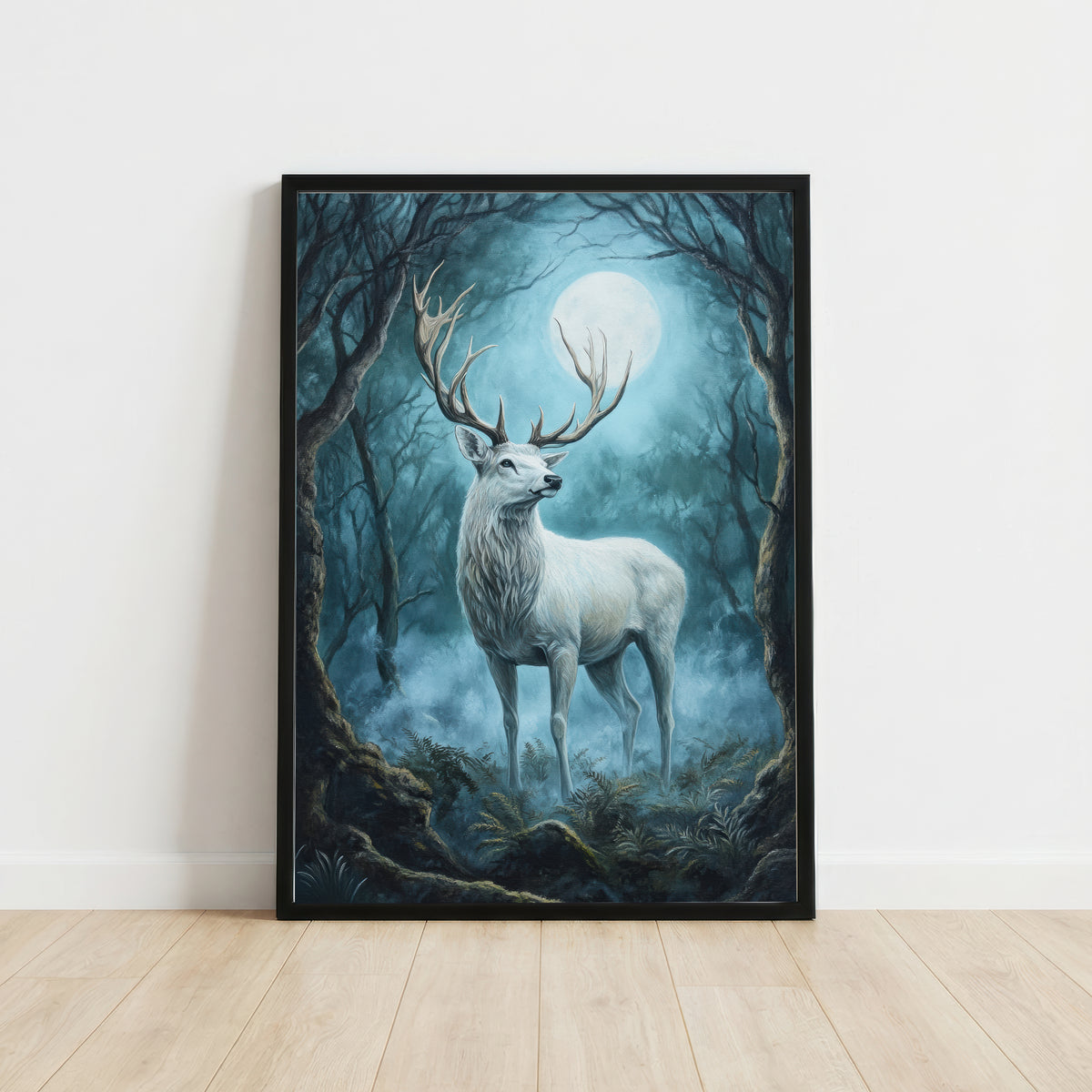 White Stag Moonlit Forest Art Print