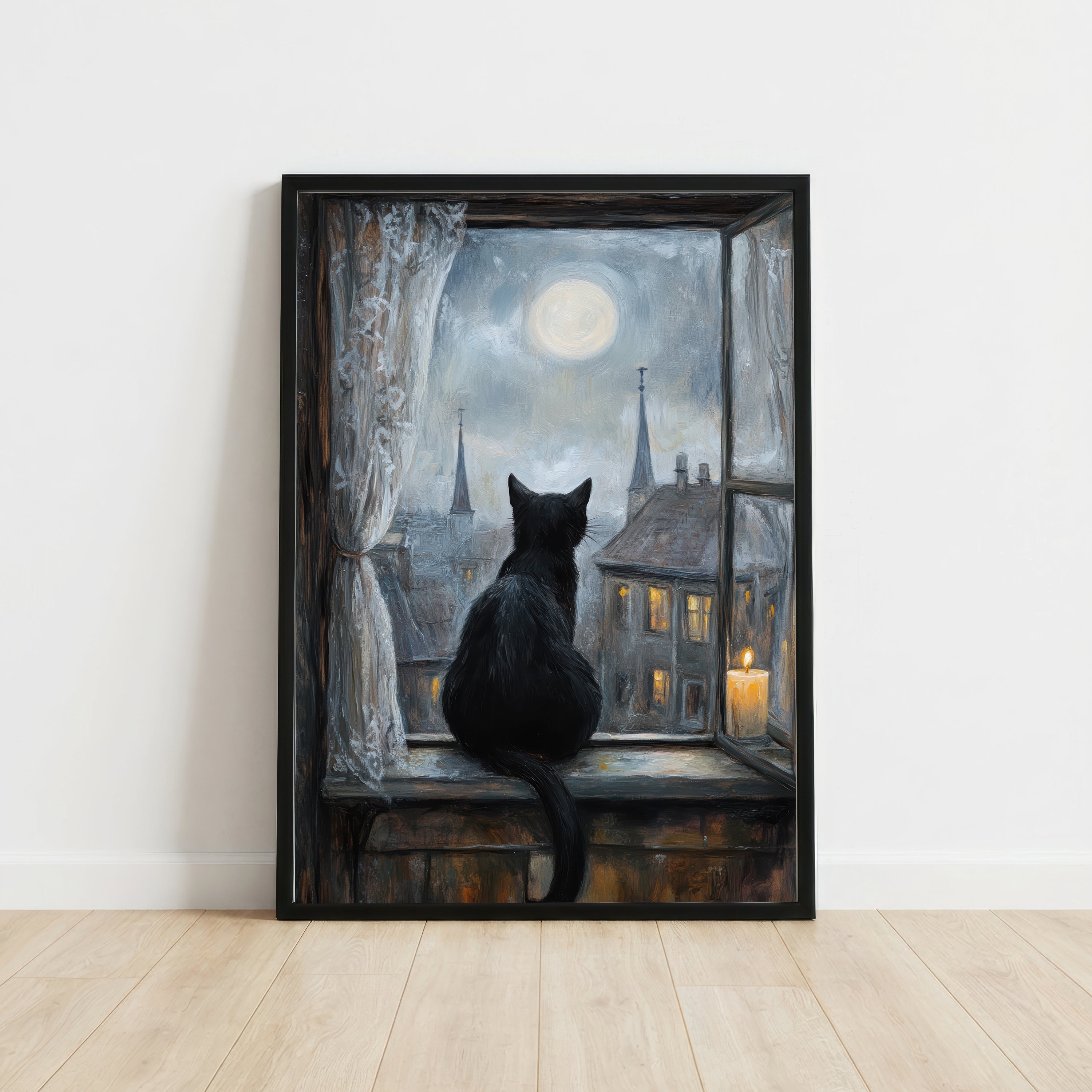 Black Cat Moonlit Window Art Print