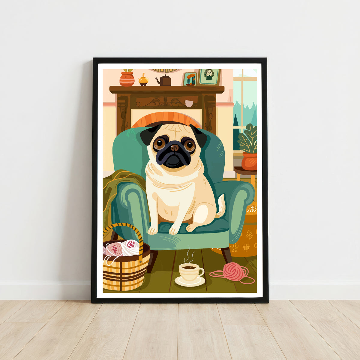 Cozy Pug Armchair Art Print