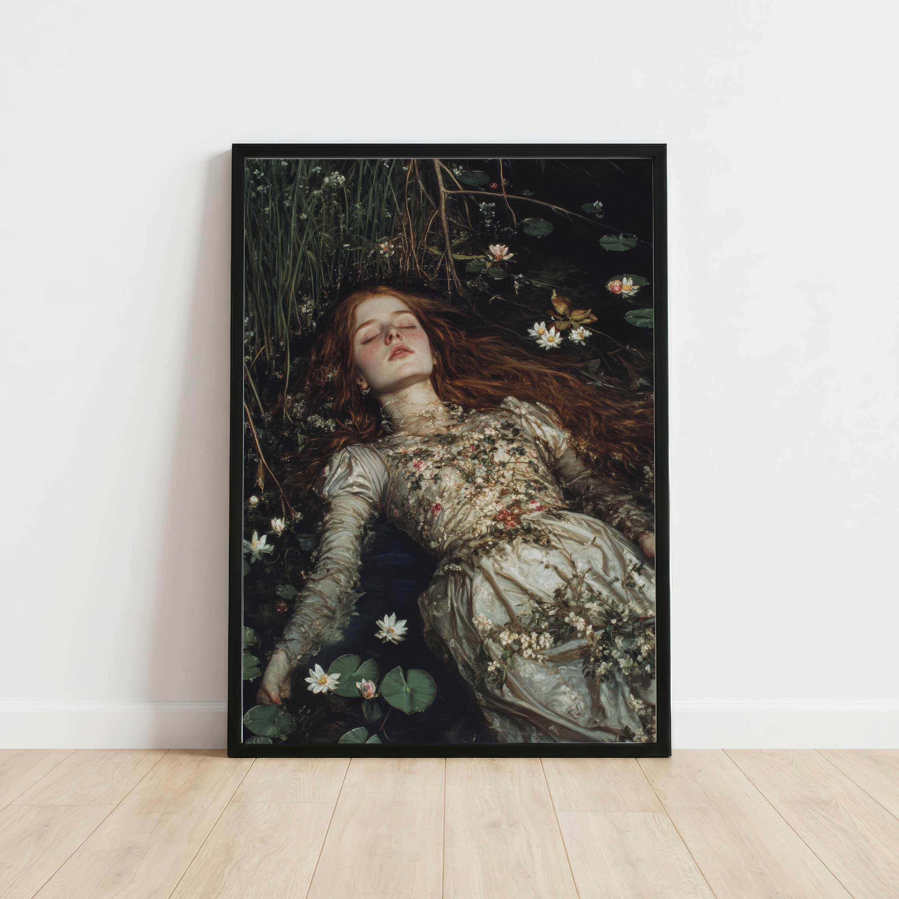 Woman Floating in Lily Pond Art Print
