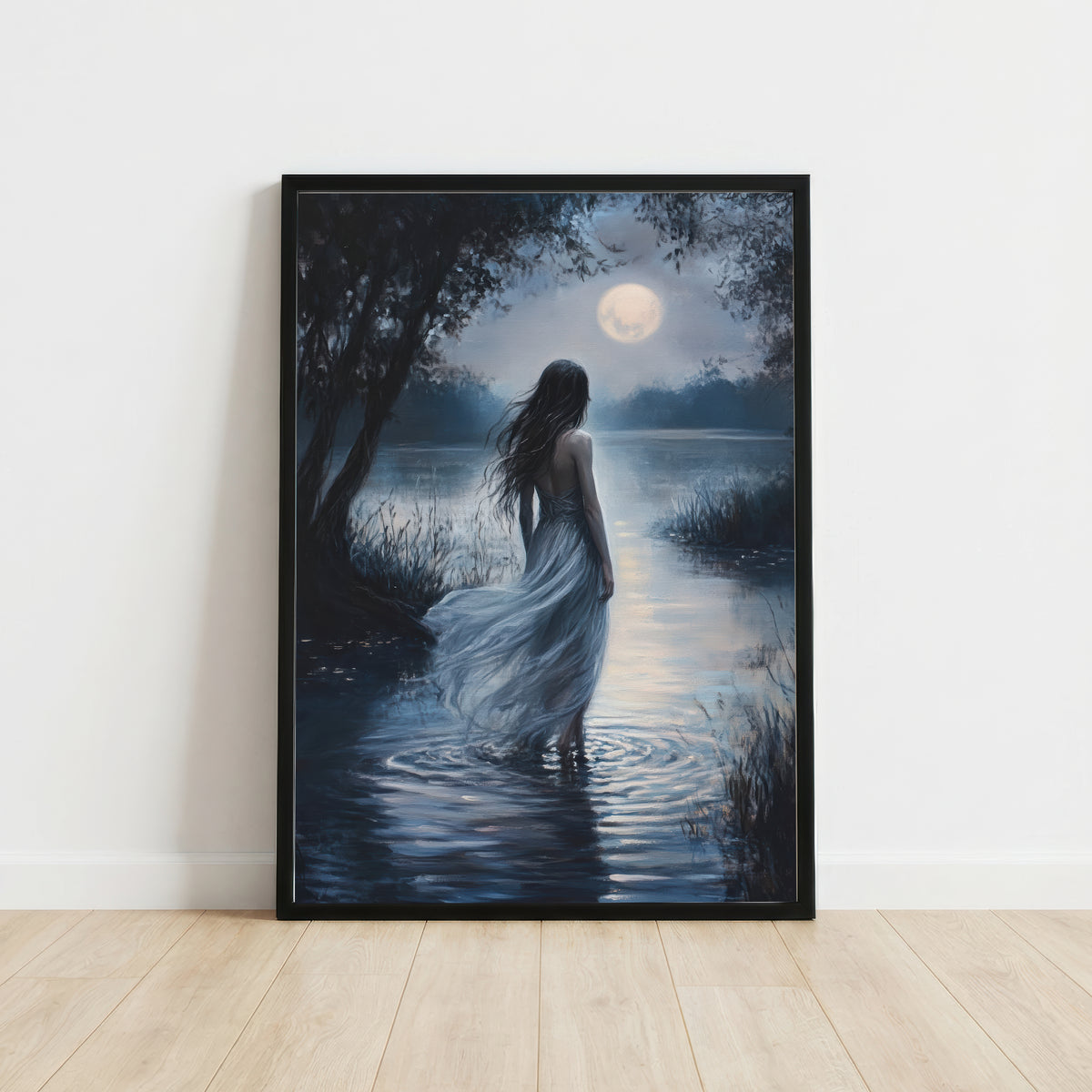 Moonlit Woman by the Lake Art Print