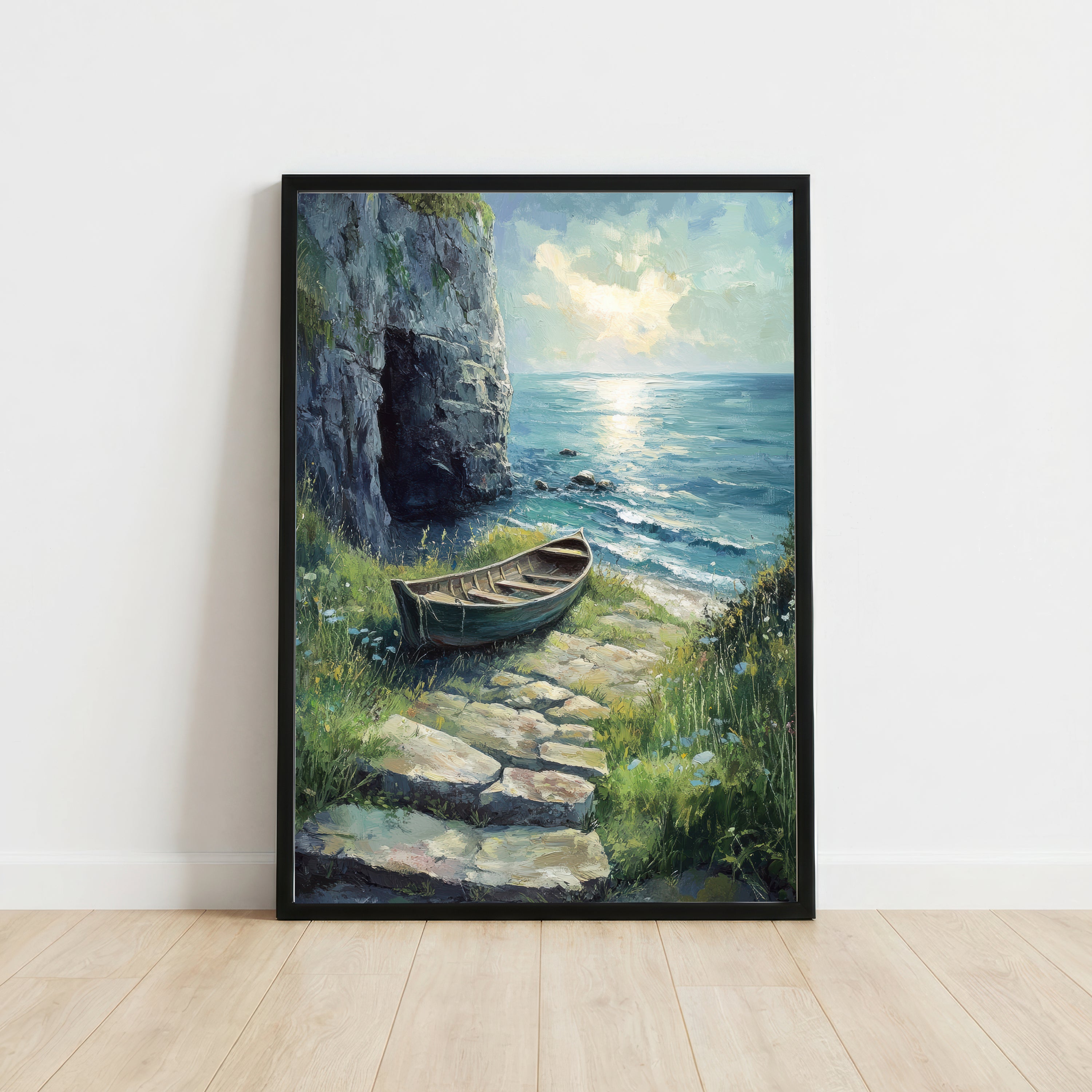 Coastal Cliff Rowboat Art Print