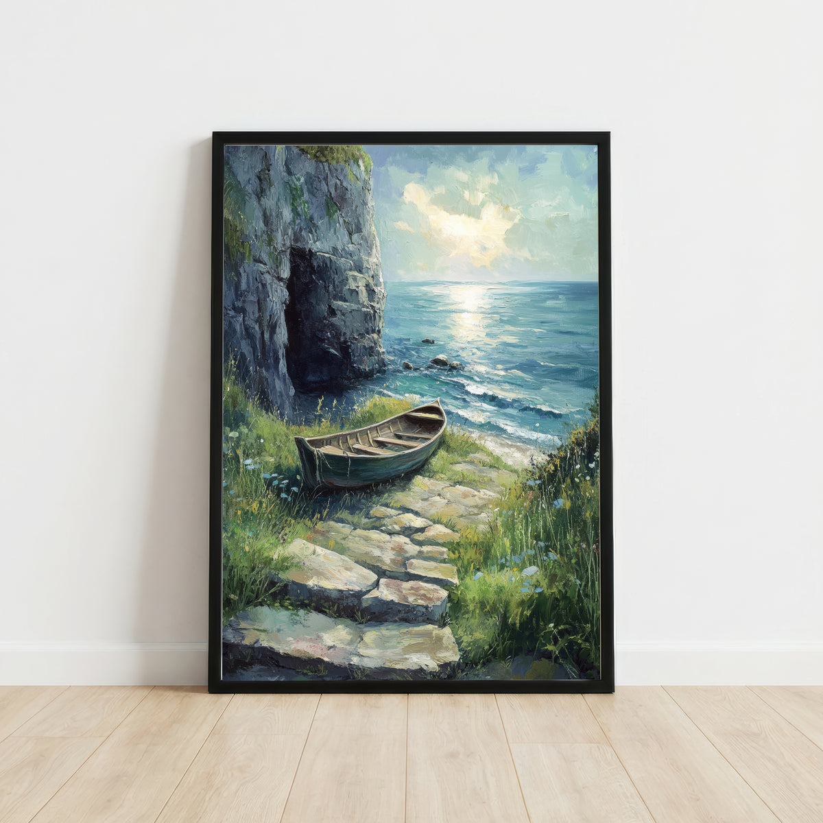 Coastal Cliff Rowboat Art Print