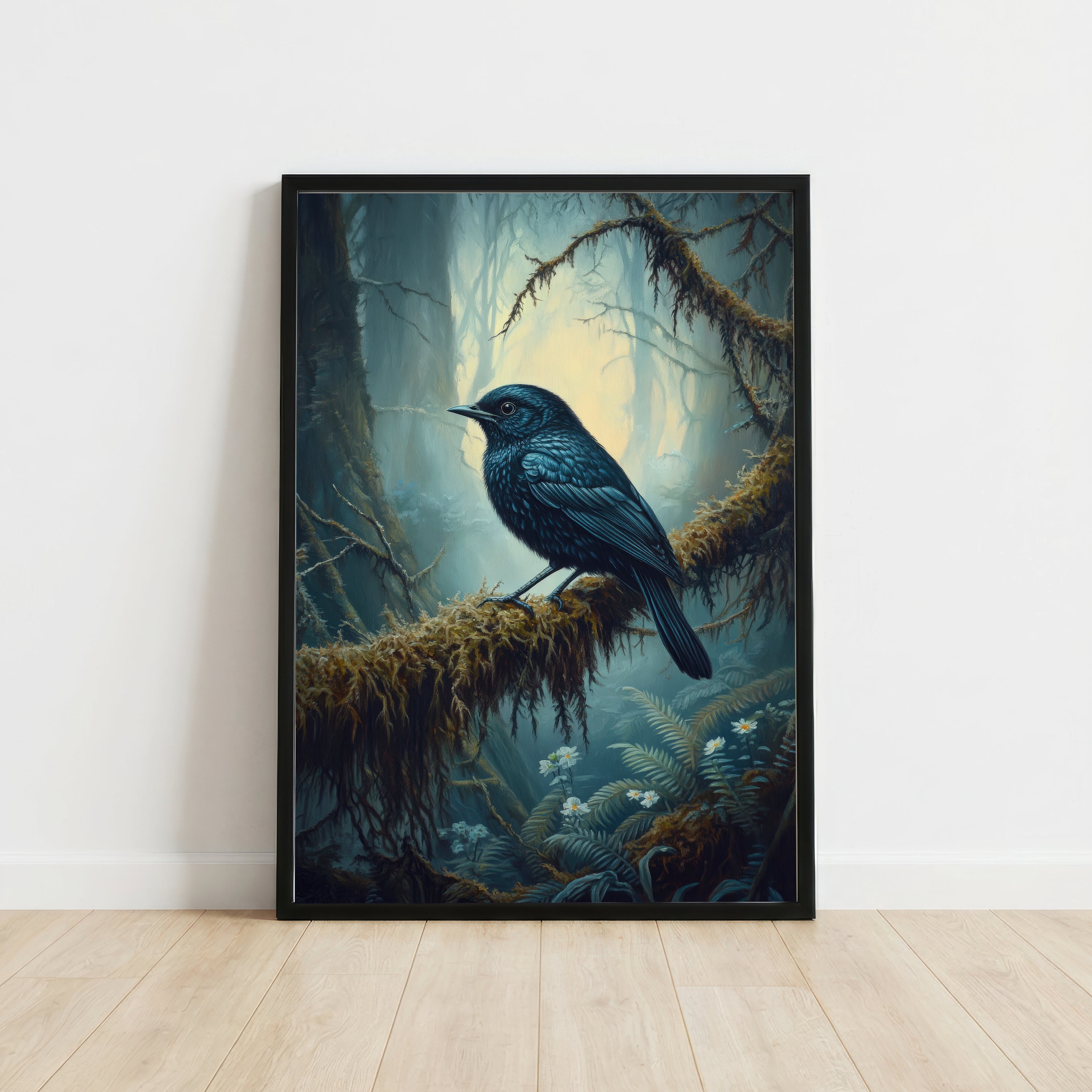Raven in Misty Forest Art Print