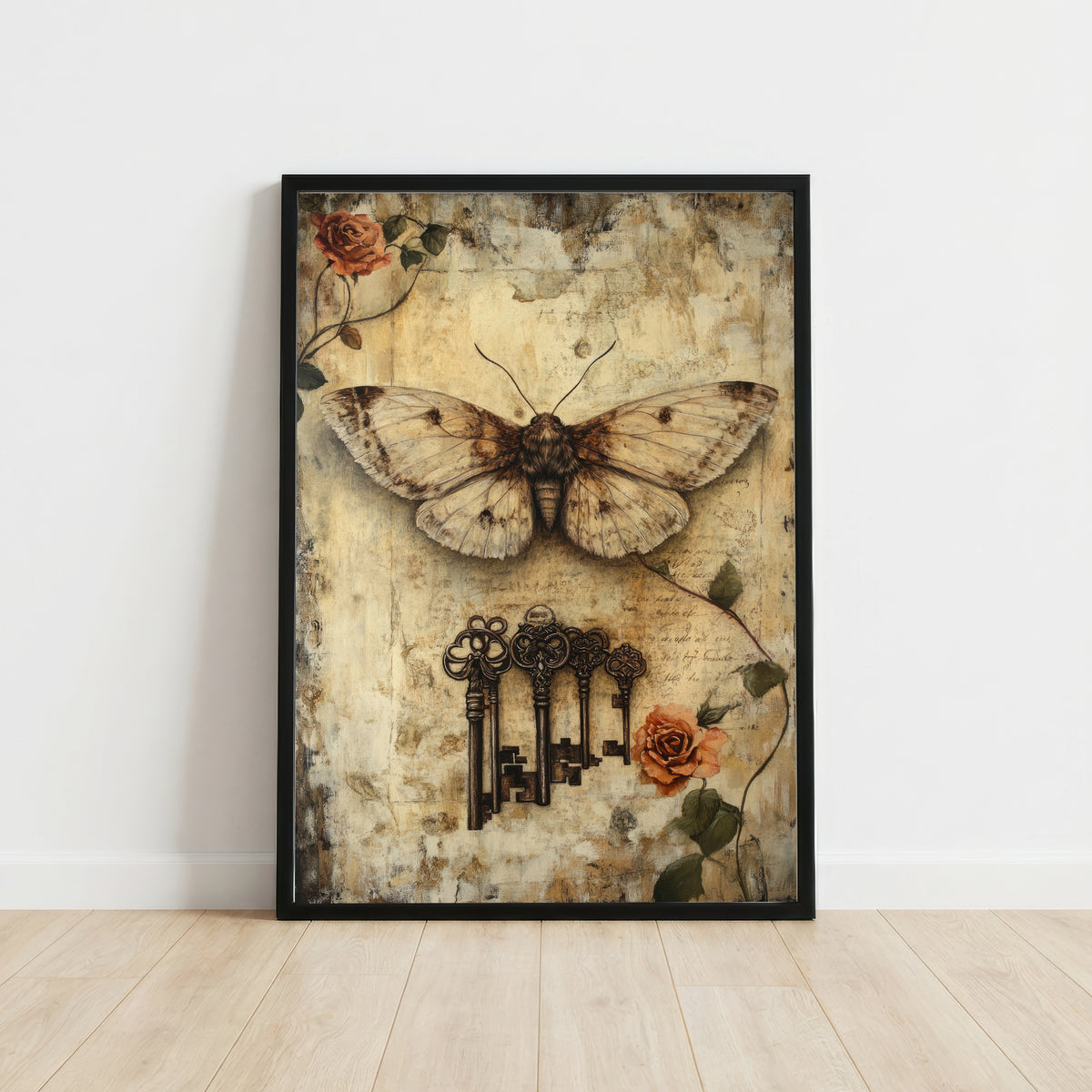 Moth and Keys Vintage Art Print