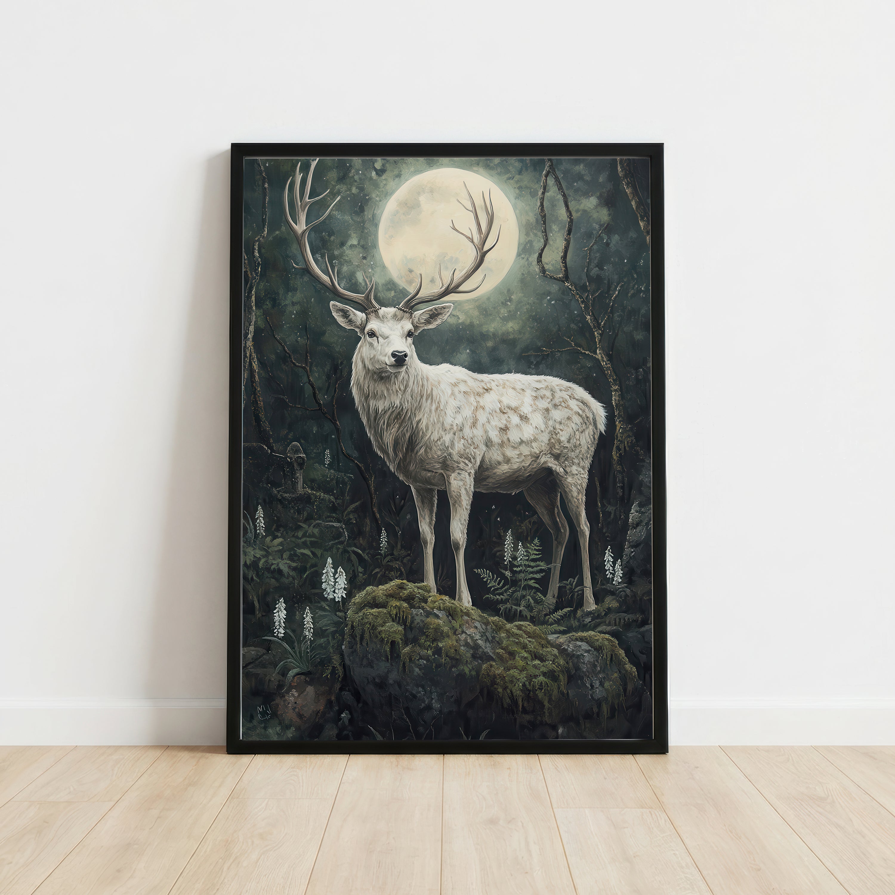 Moonlit Stag Forest Art Print