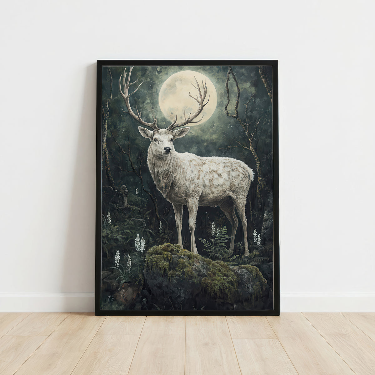Moonlit Stag Forest Art Print