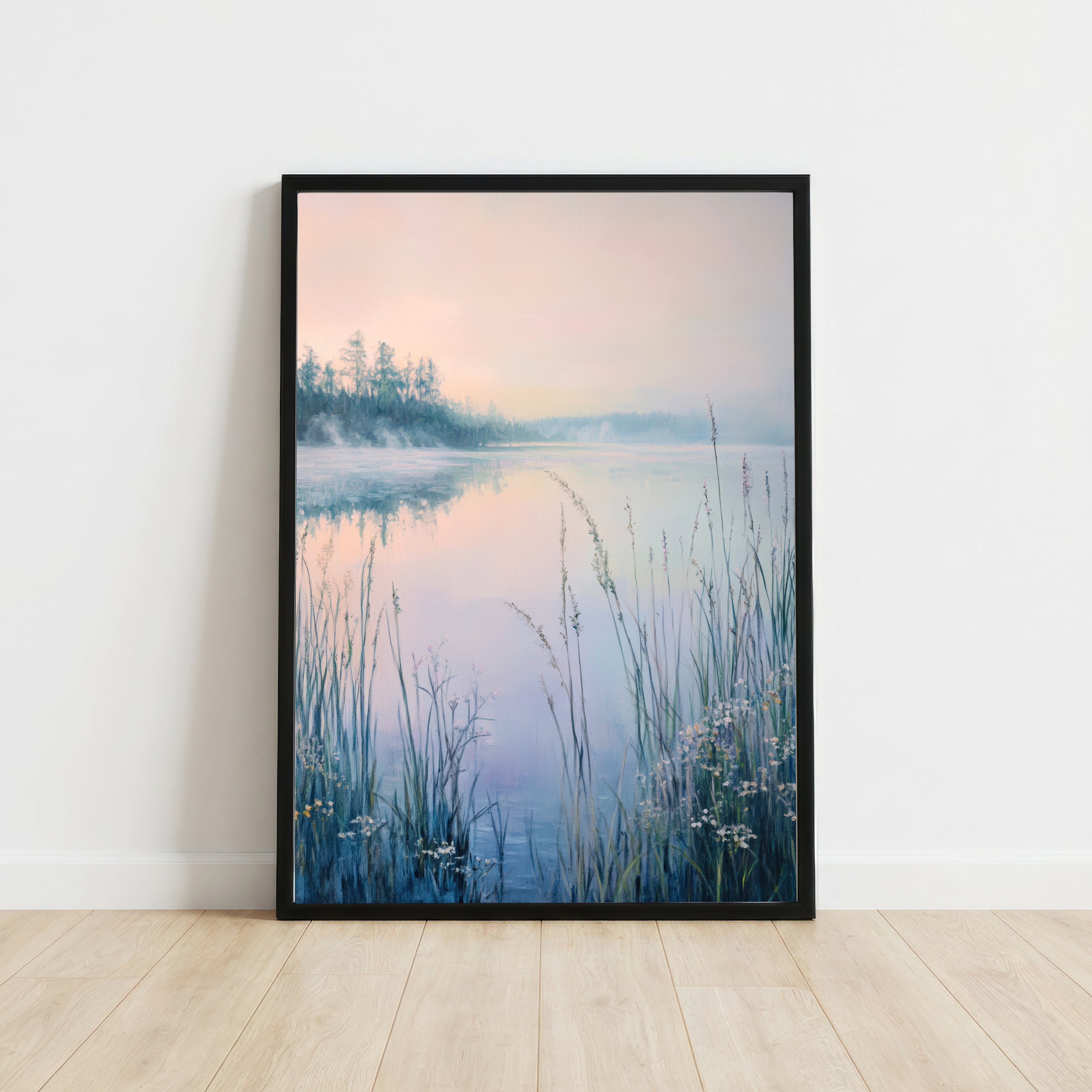Misty Lake Reeds Landscape Art Print