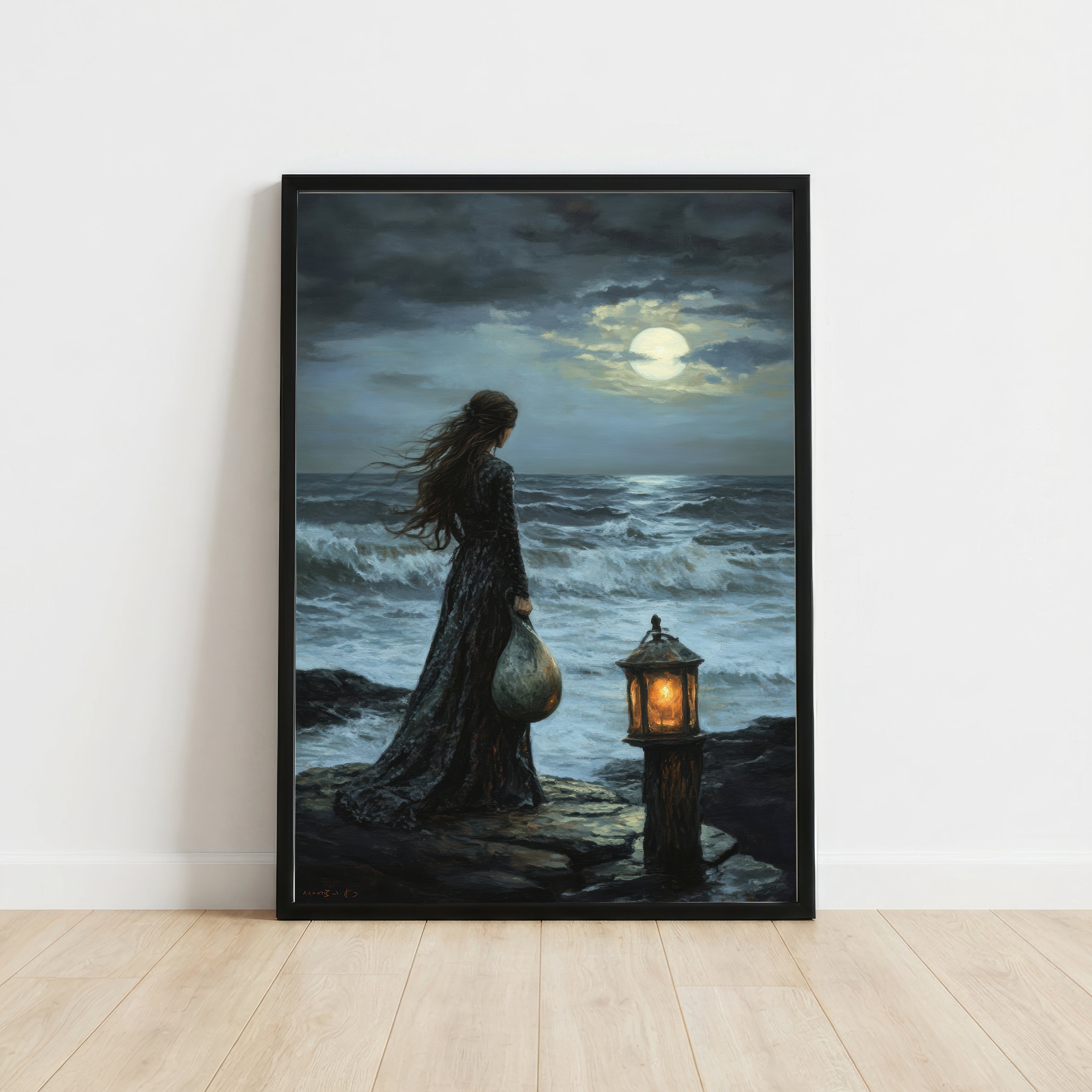Moonlit Seaside Woman Art Print
