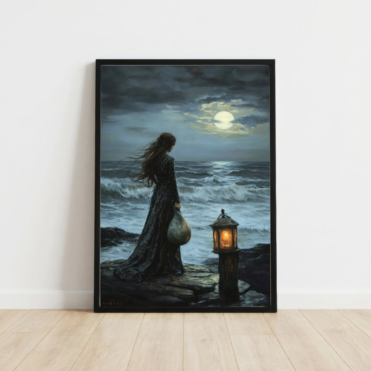 Moonlit Seaside Woman Art Print
