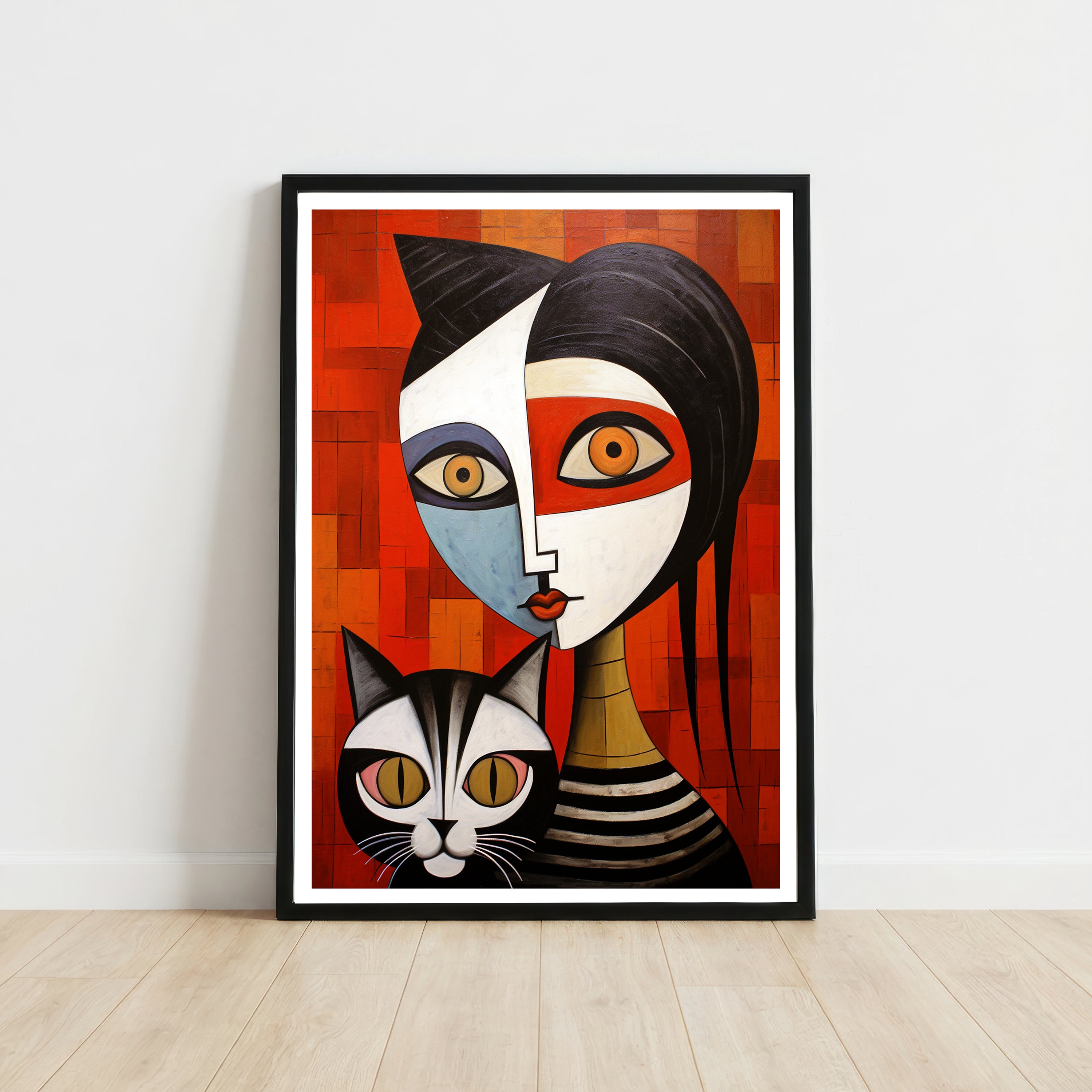 Geometric Woman and Cat Art Print