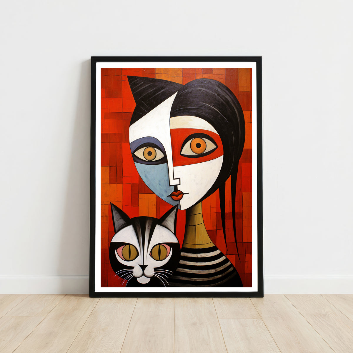 Geometric Woman and Cat Art Print