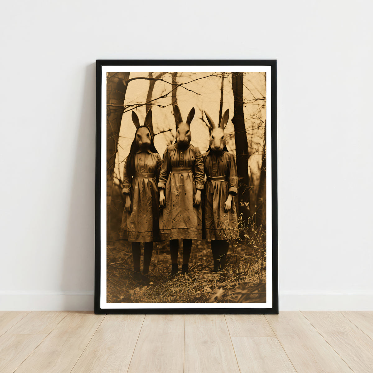 Three Rabbit Girls Dark Academia Art Print