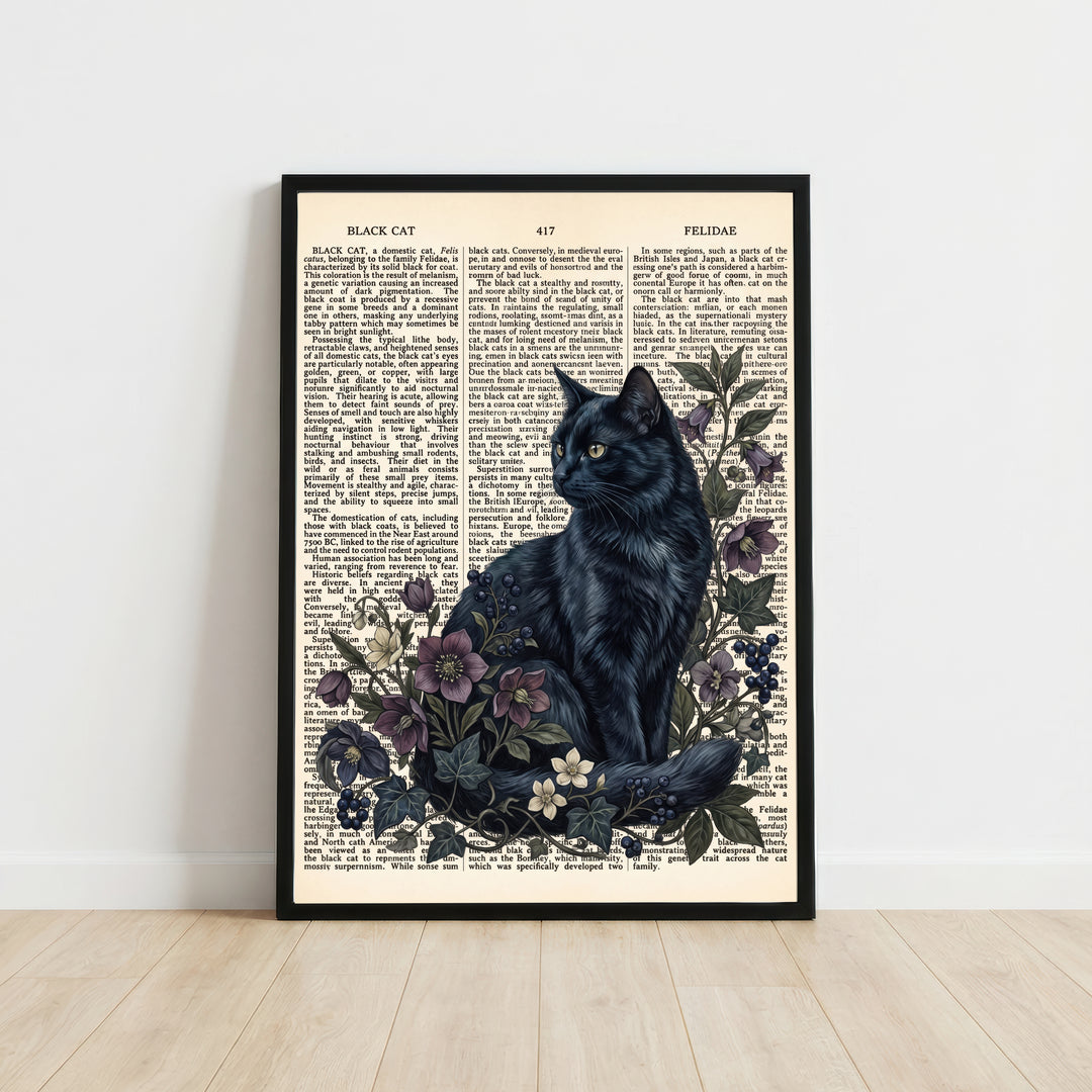 Vintage Black Cat Botanical Art Print
