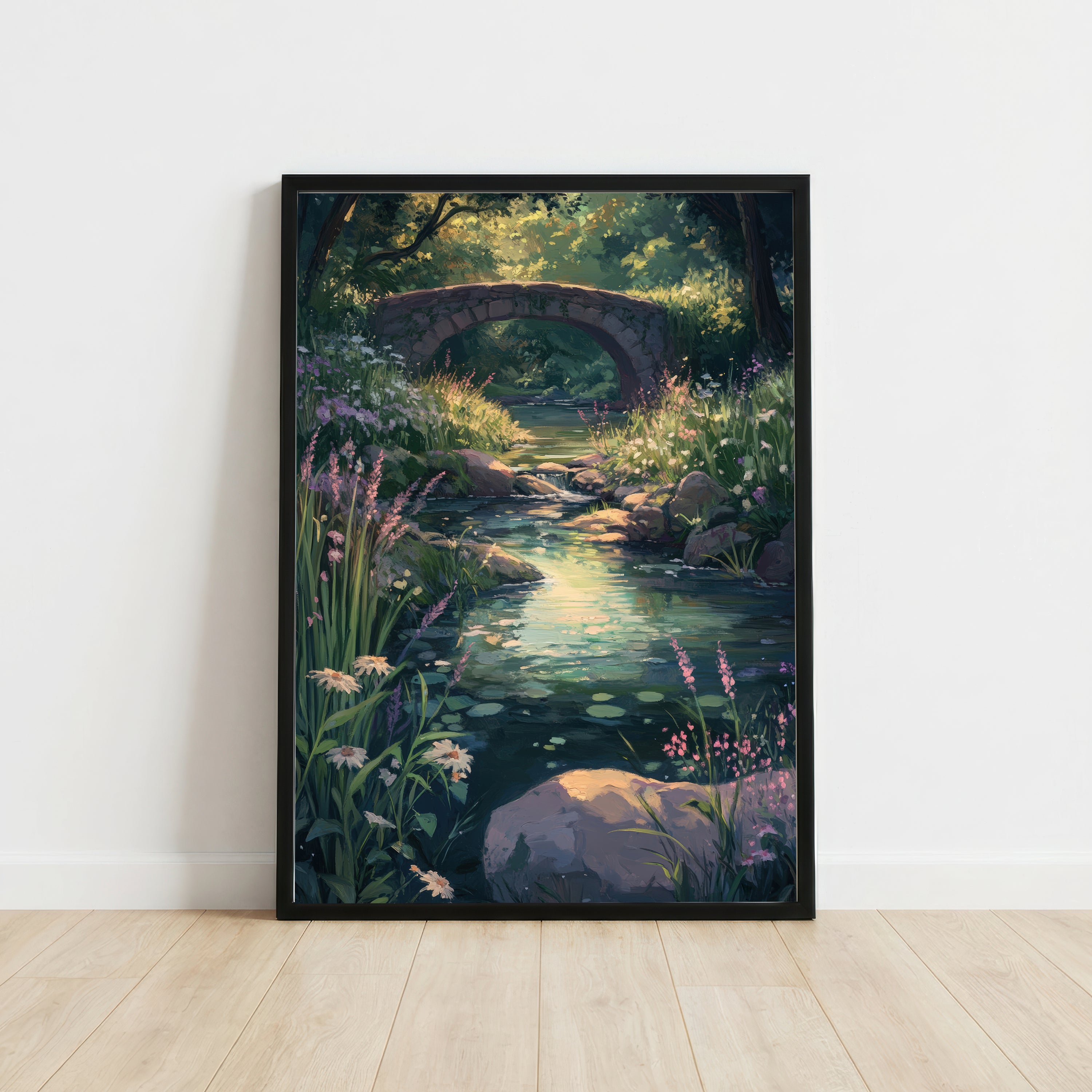 Woodland Stream Stone Bridge Art Print