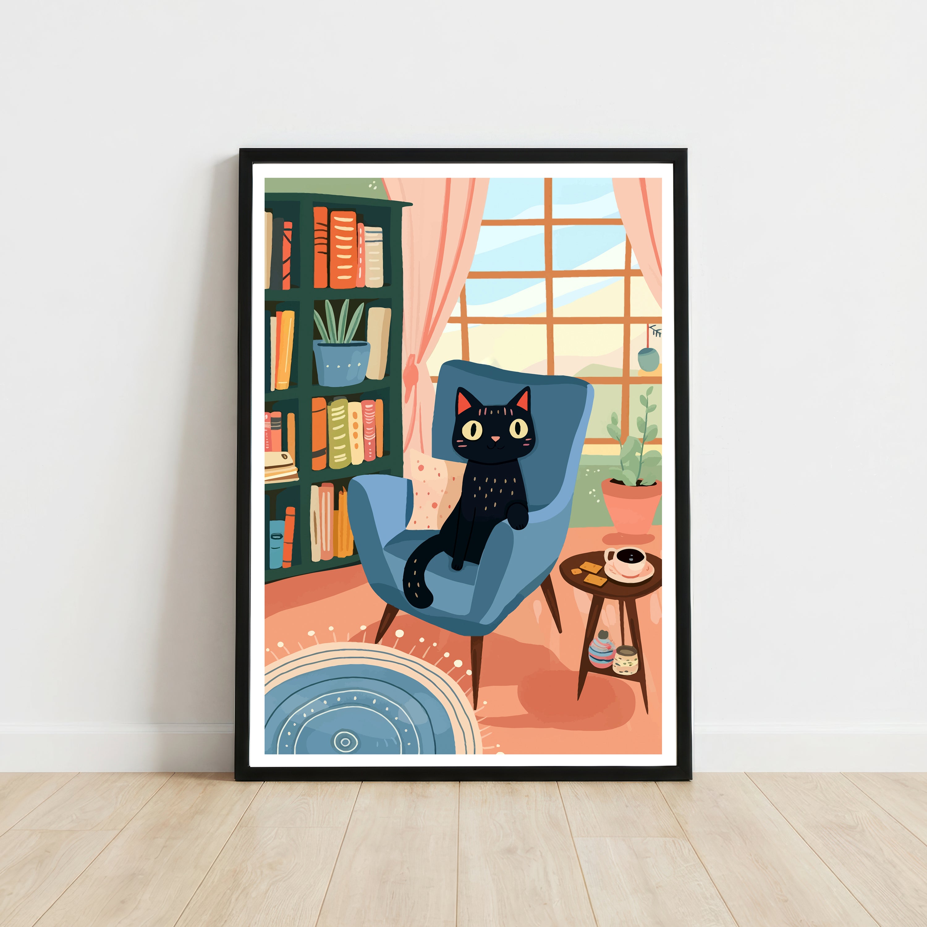 Black Cat Cozy Reading Nook Art Print