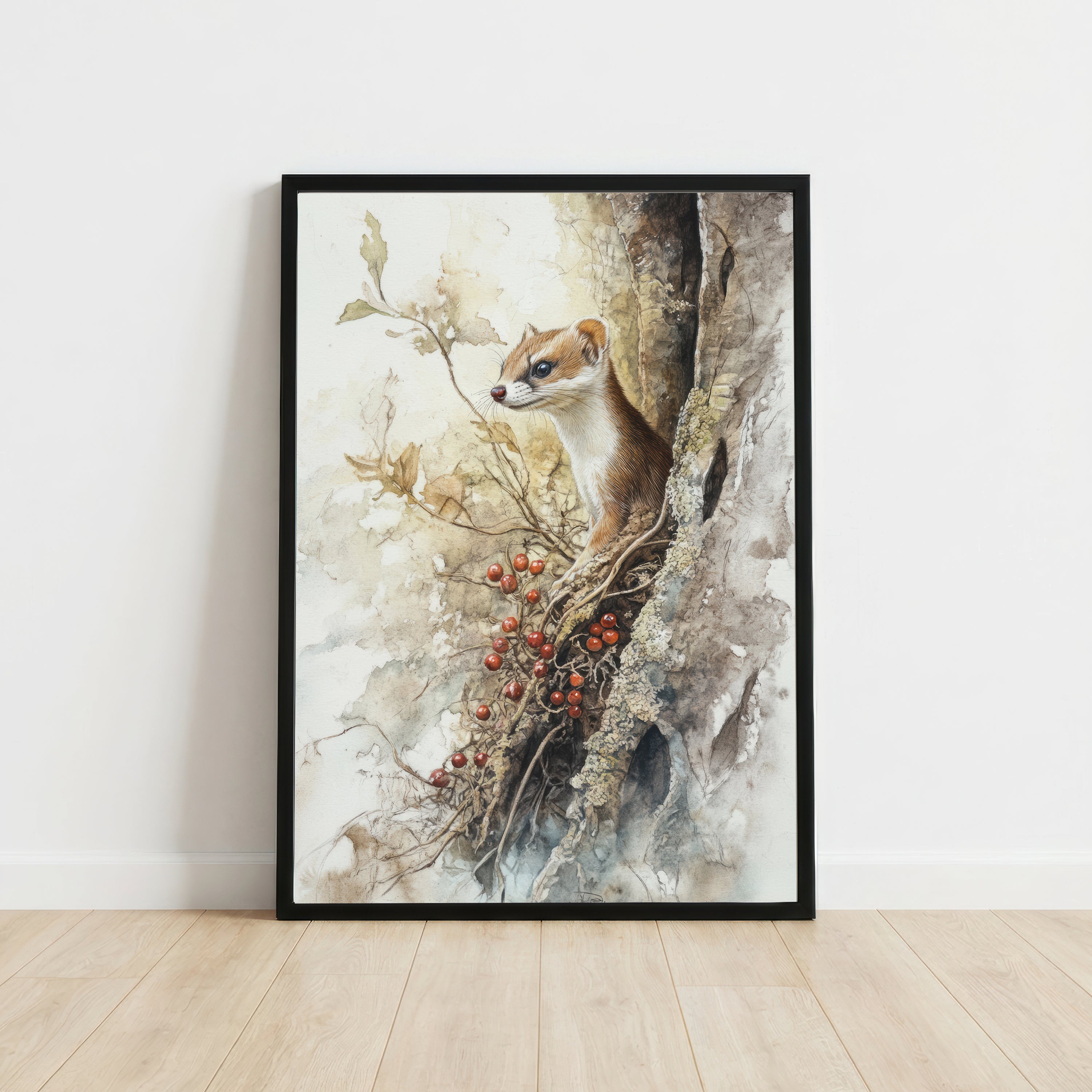 Stoat Woodland Watercolour Art Print