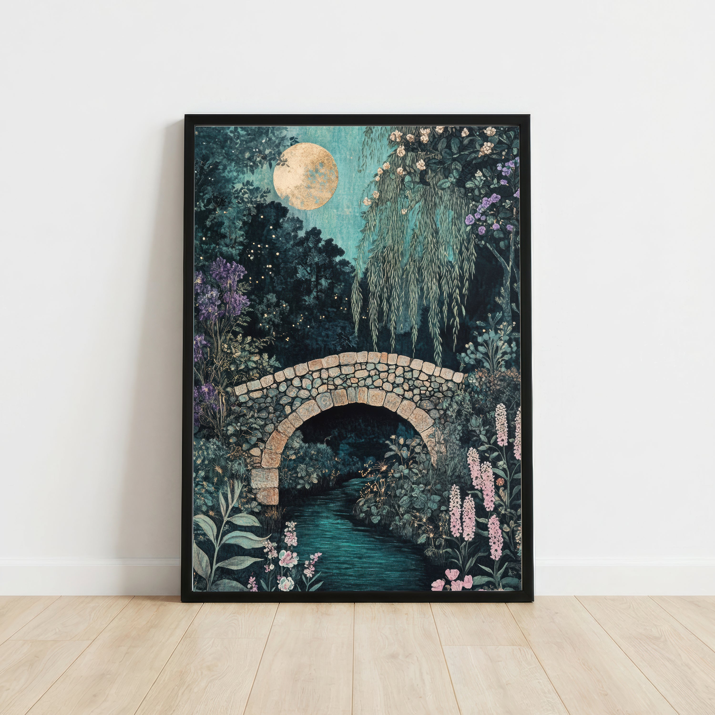 Moonlit Garden Bridge Art Print