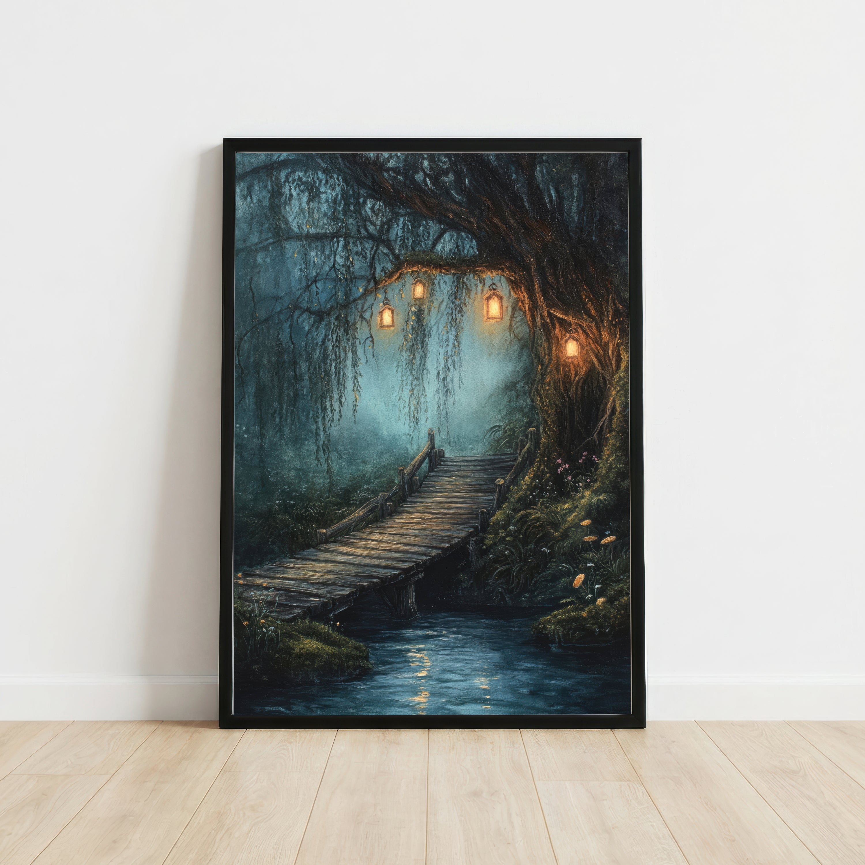 Enchanted Forest Lantern Bridge Art Print