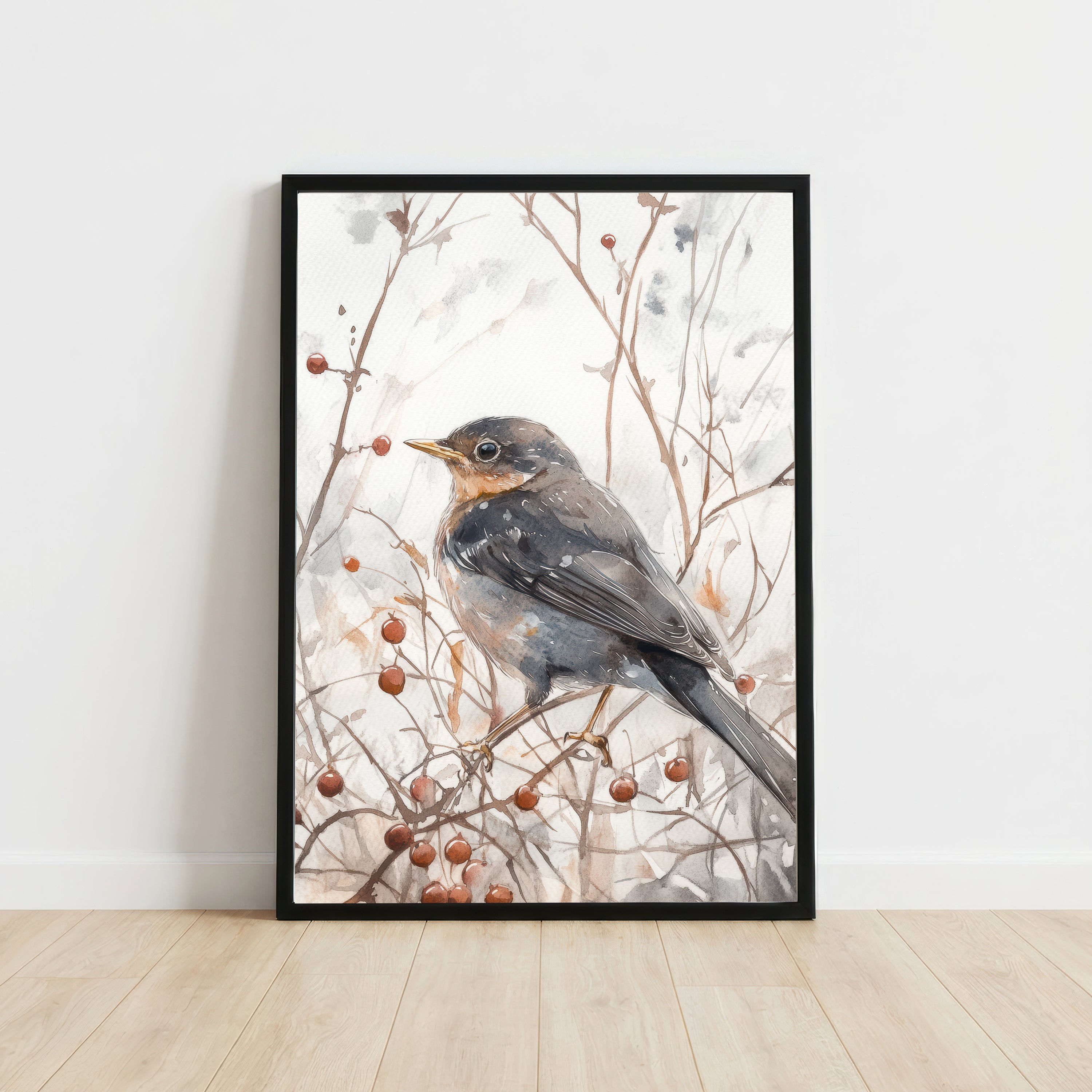 Blackbird Winter Berries Art Print