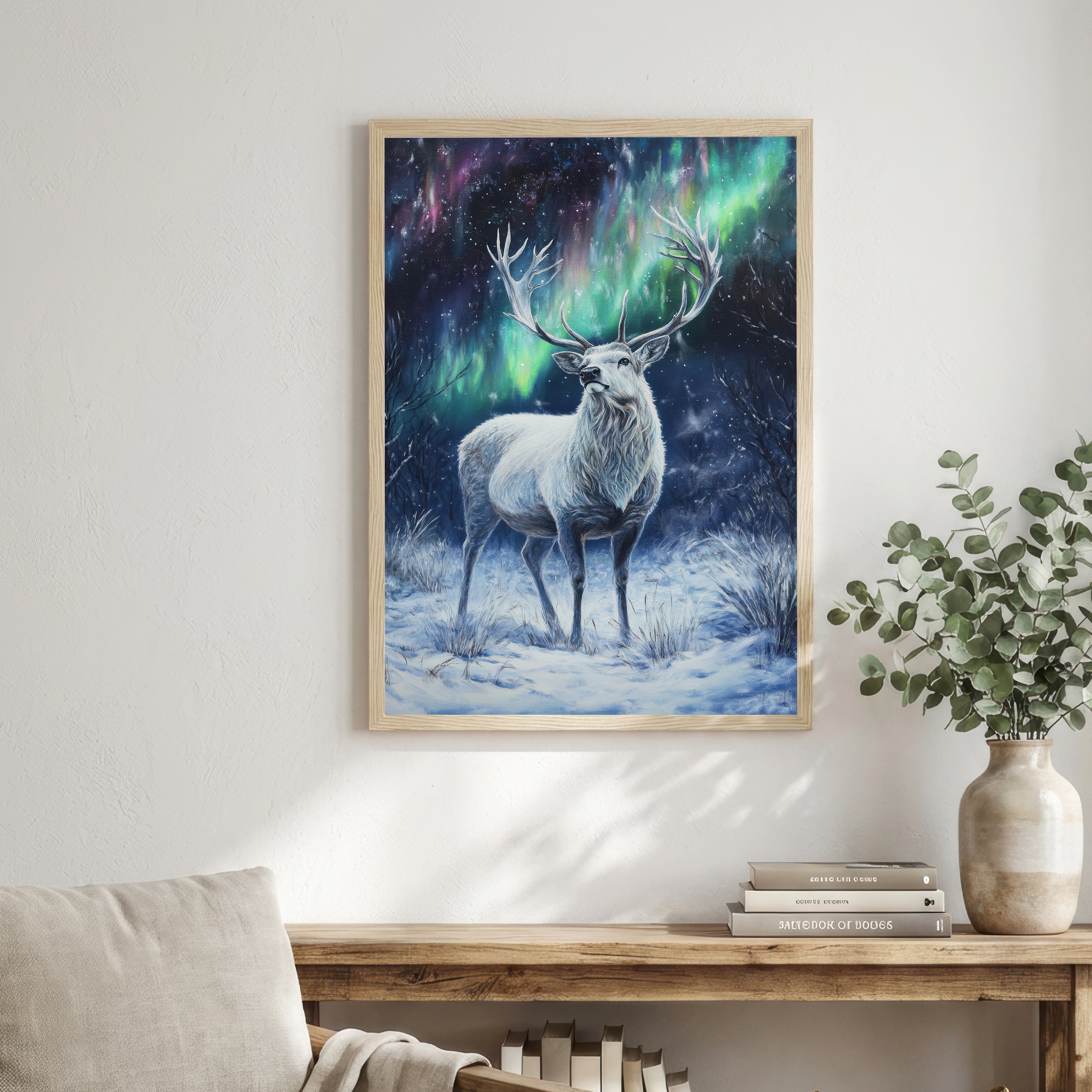 Stag Under Northern Lights Art Print