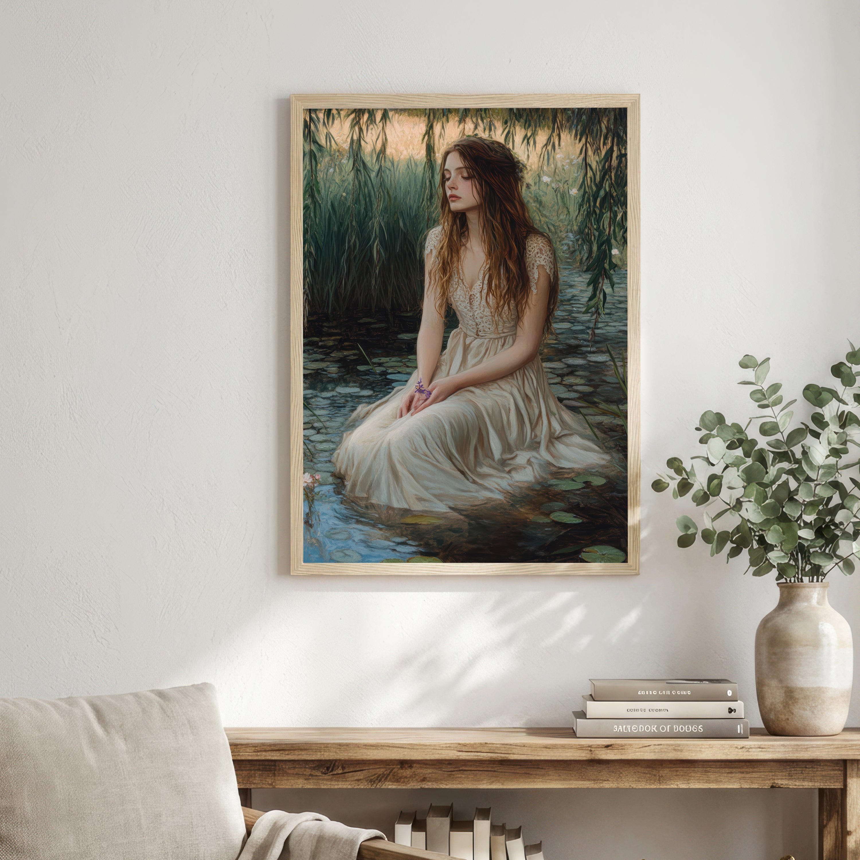 Woman in Pond Romantic Art Print