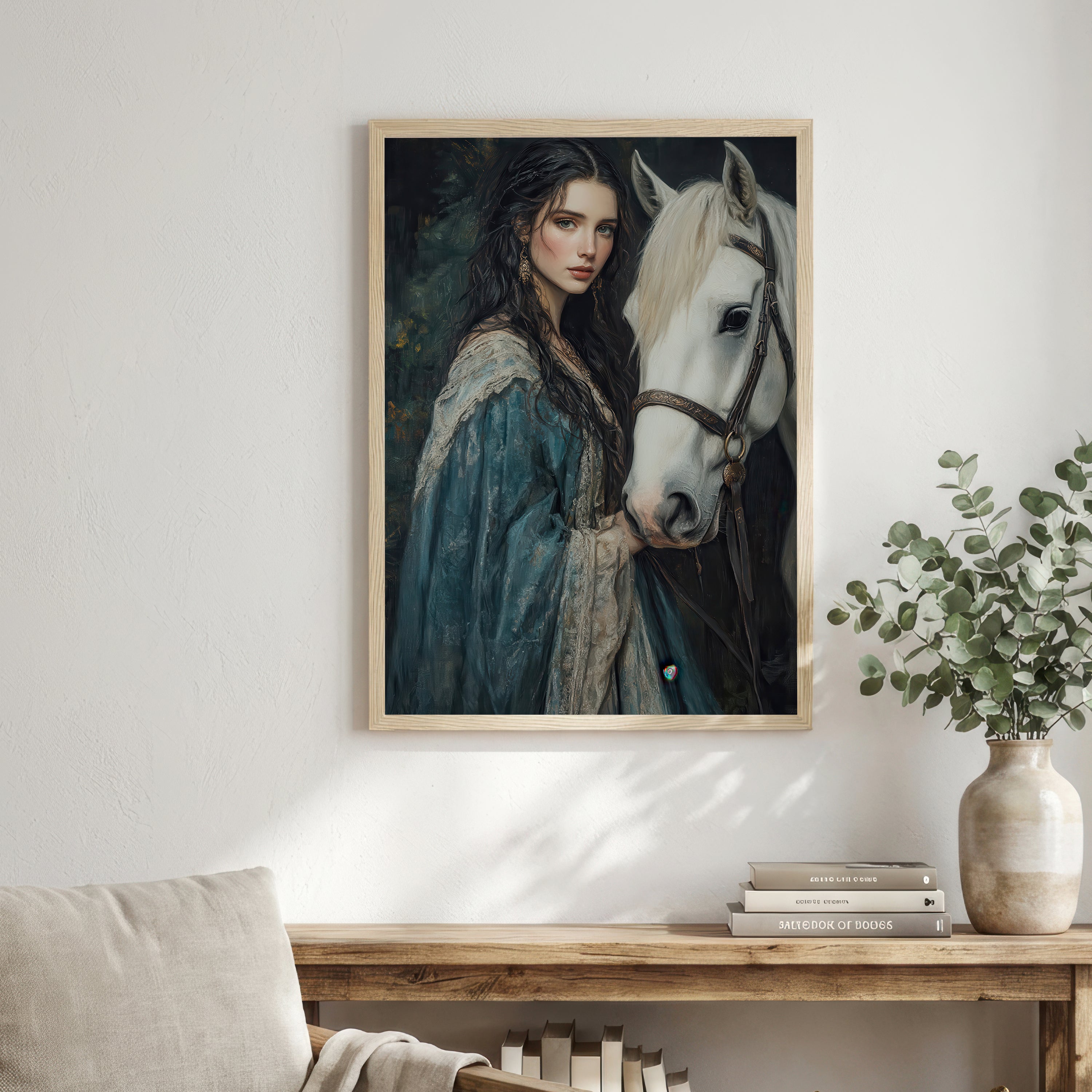 Woman and White Horse Fantasy Art Print