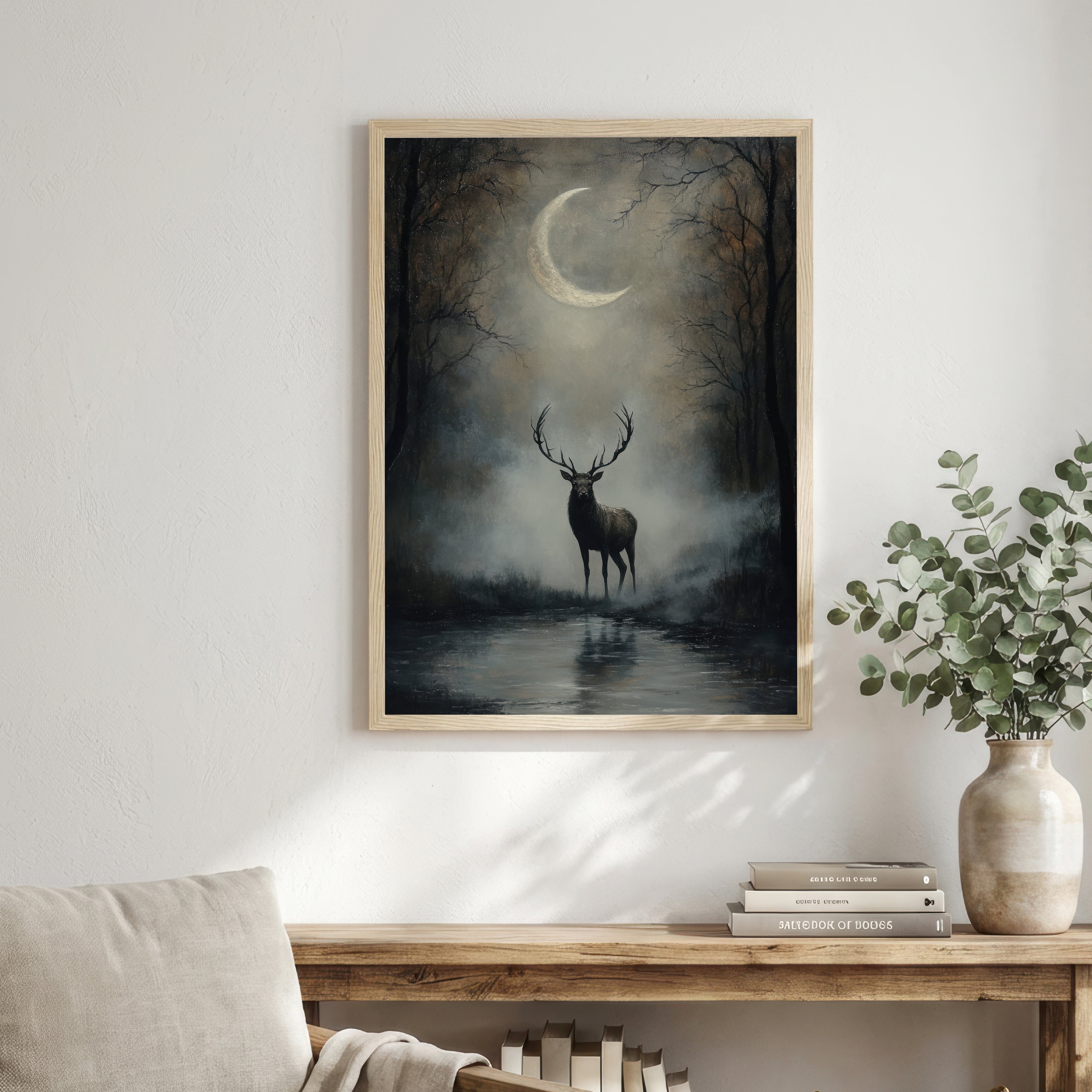 Moonlit Stag Dark Forest Art Print