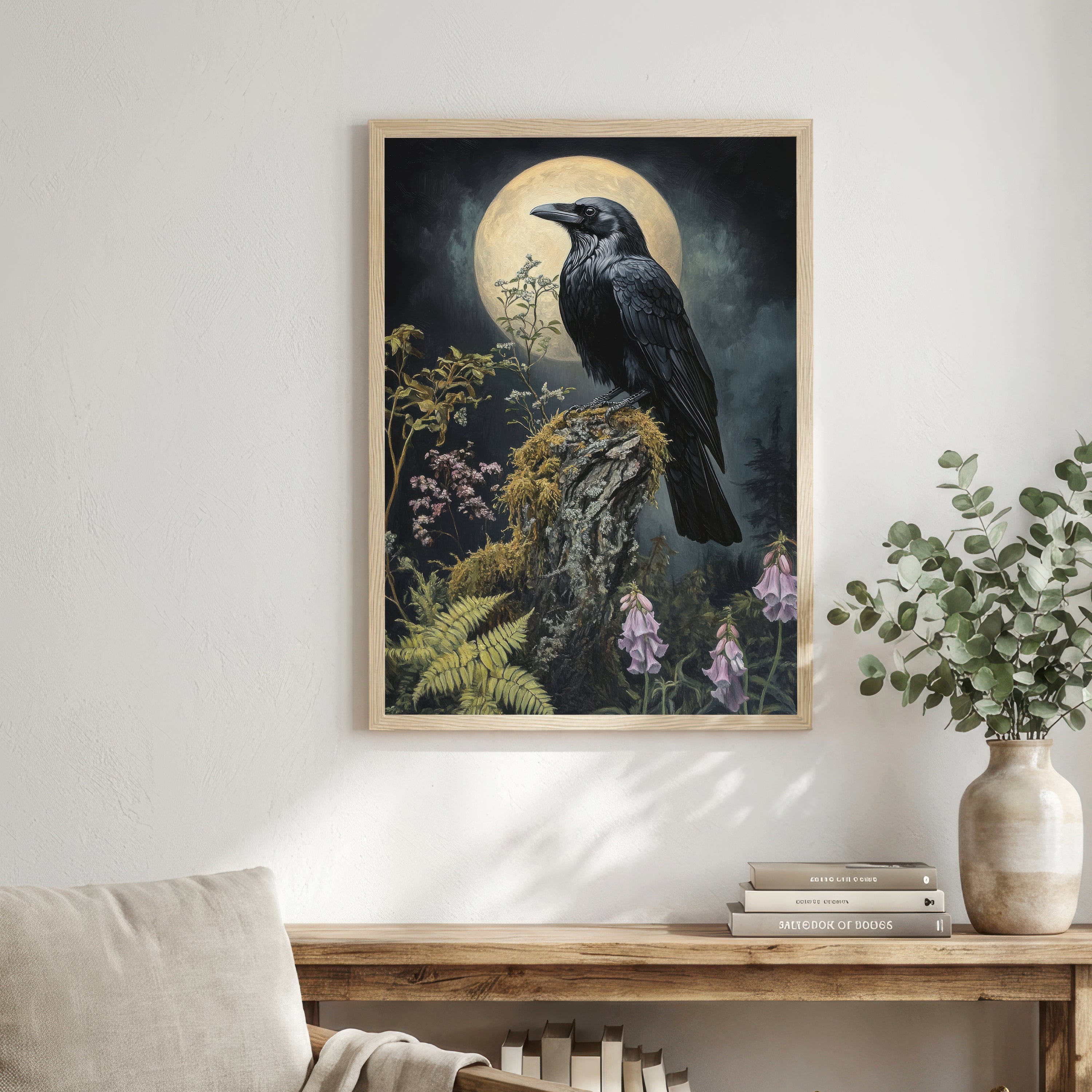 Raven Moonlit Botanical Art Print