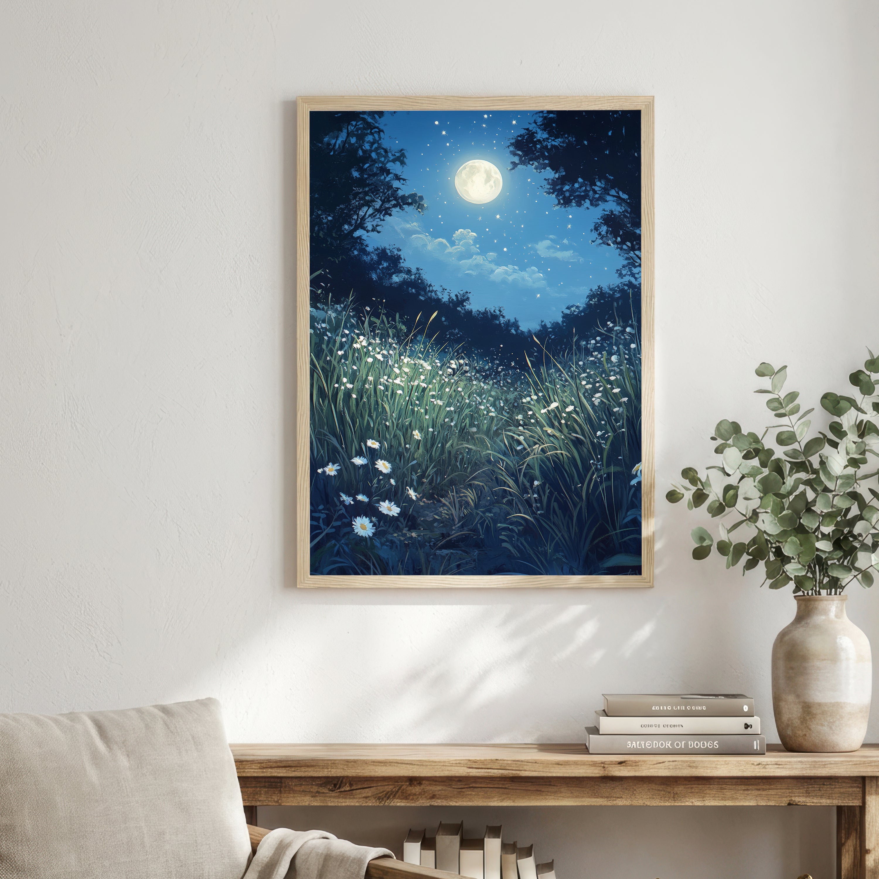 Moonlit Daisy Meadow Art Print
