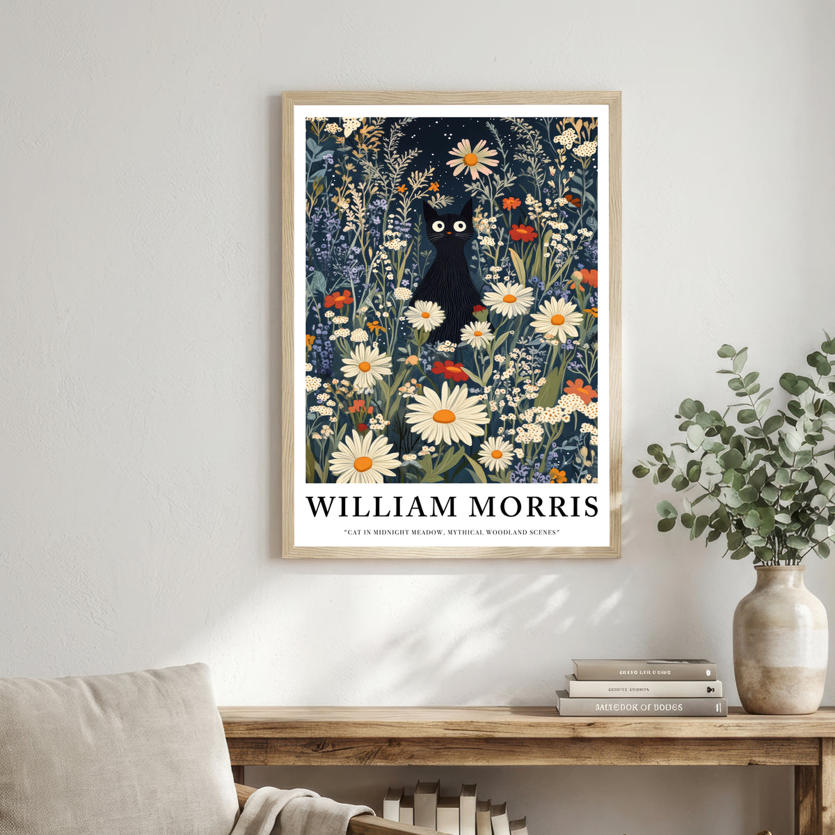 William Morris Inspired Black Cat Art Print