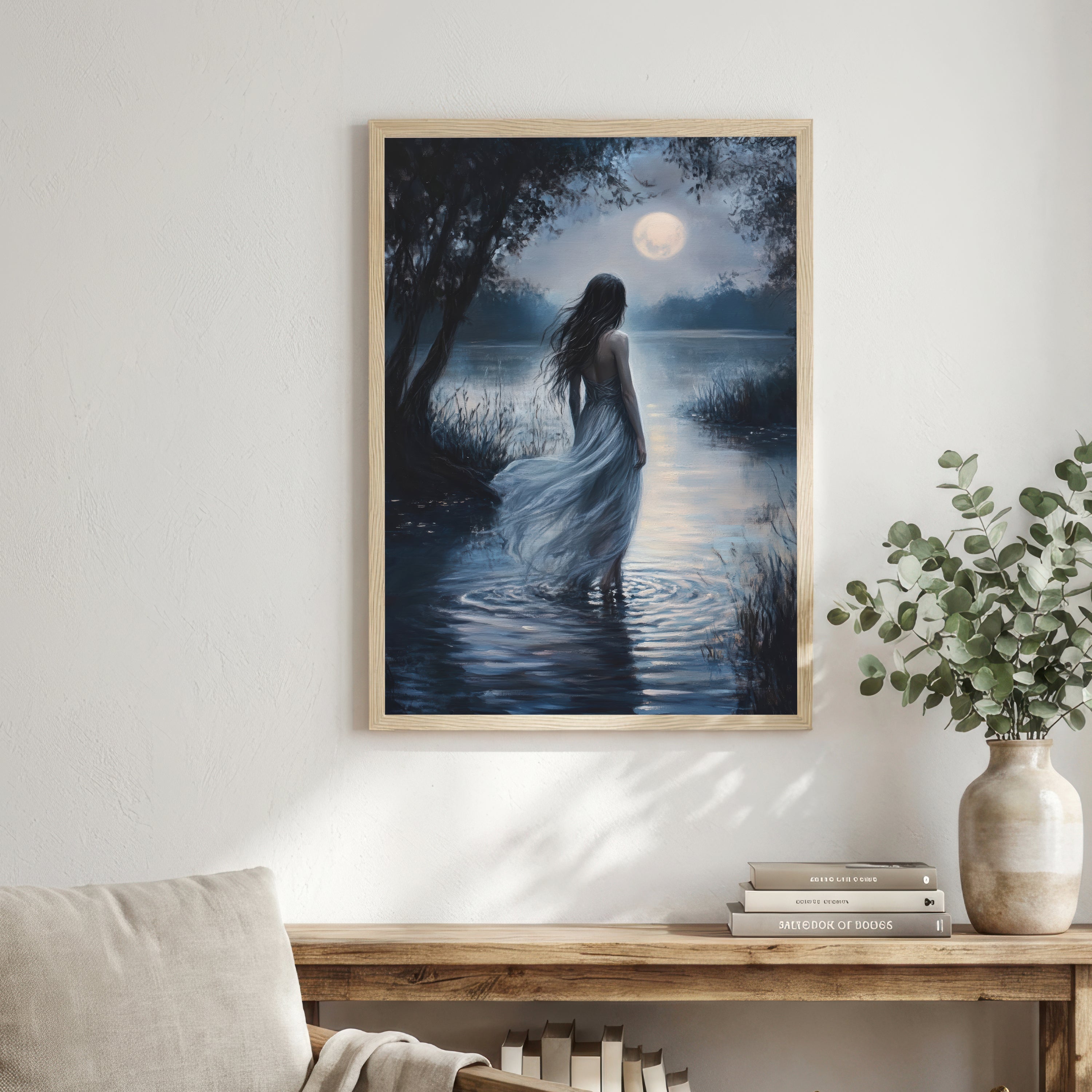 Moonlit Woman by the Lake Art Print