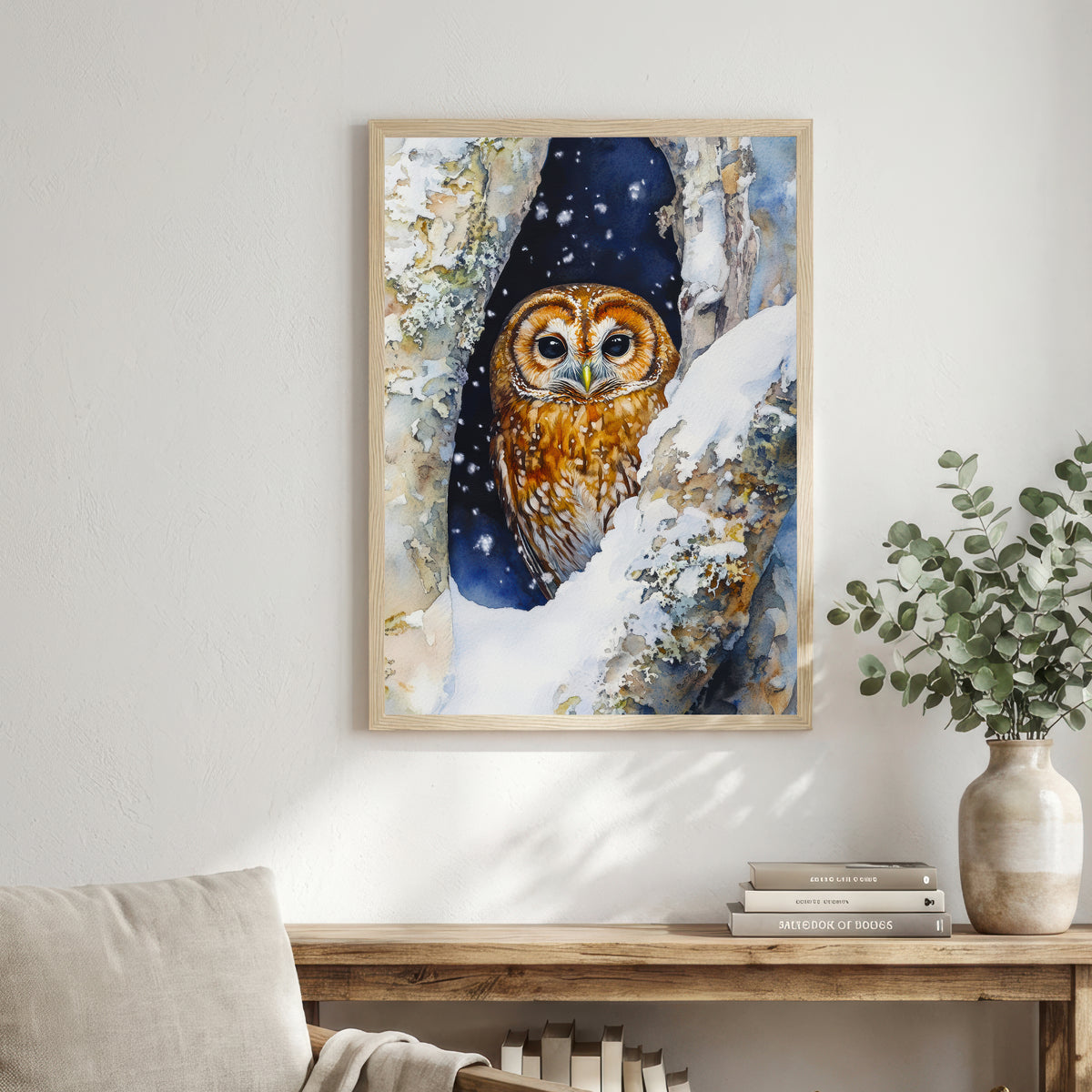 Owl in Snowy Woodland Art Print