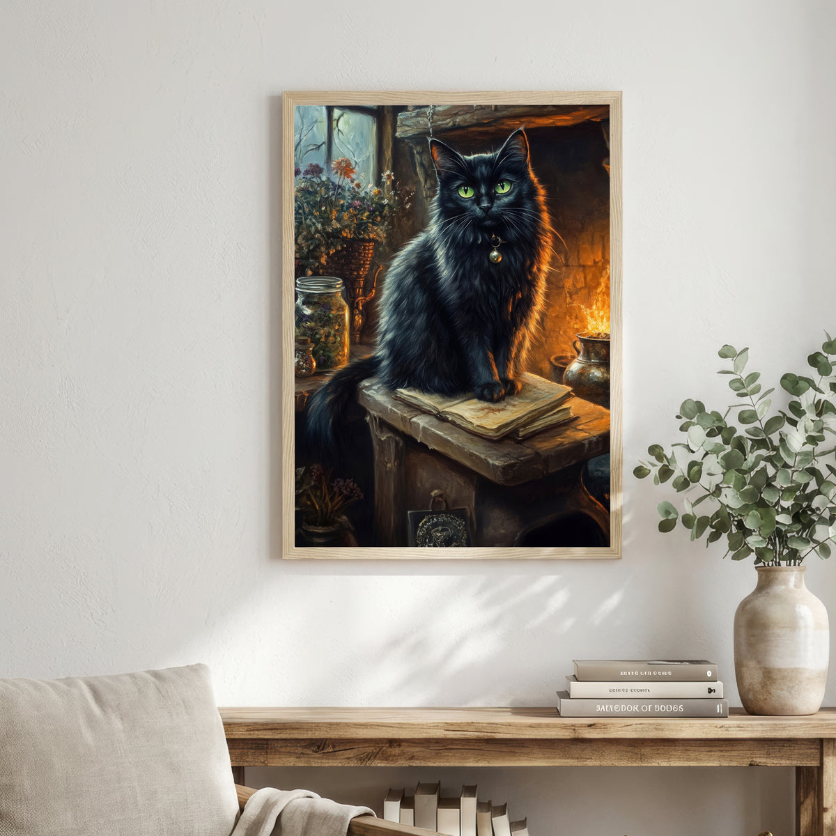 Black Cat Fireplace Art Print