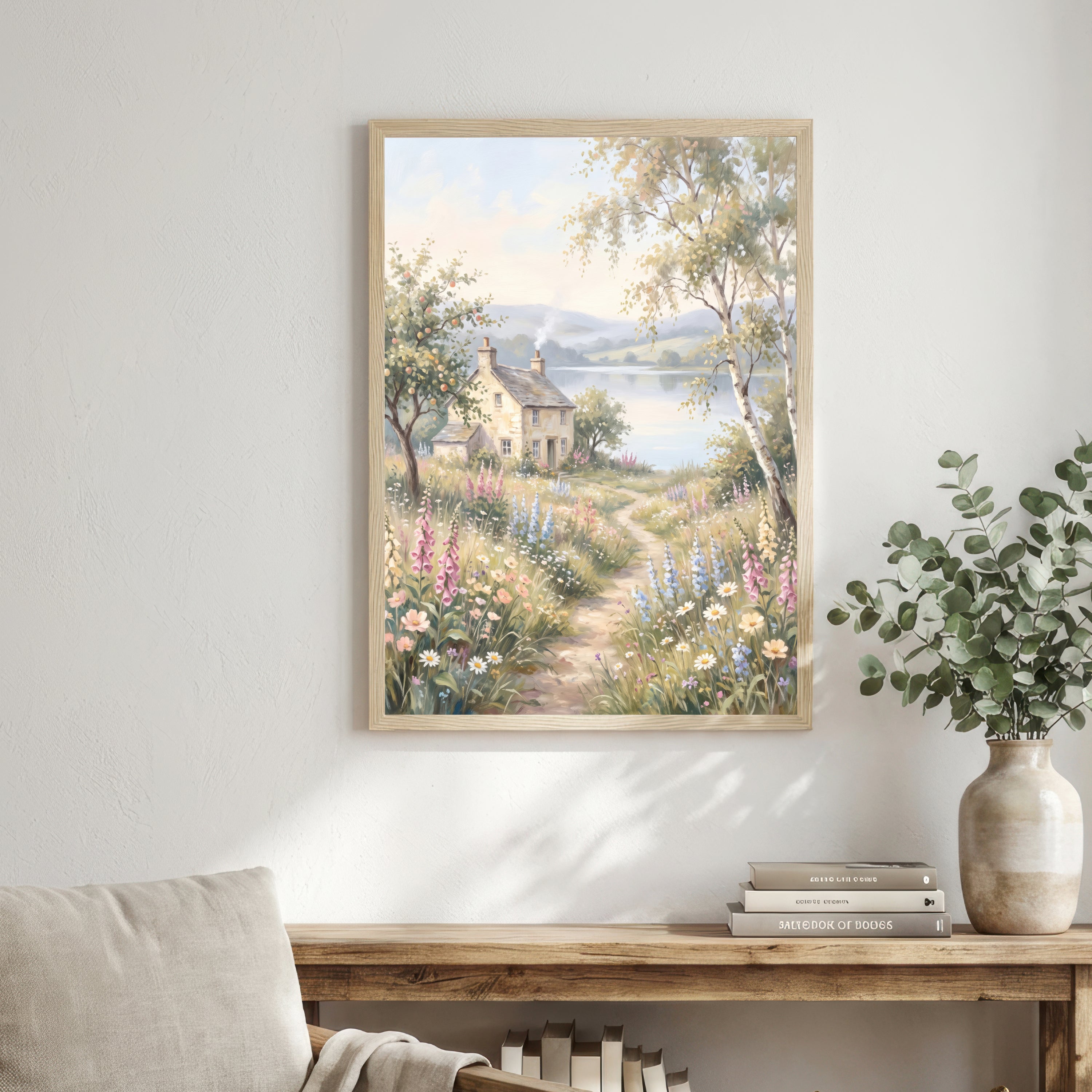 Lakeside Cottage Wildflower Art Print