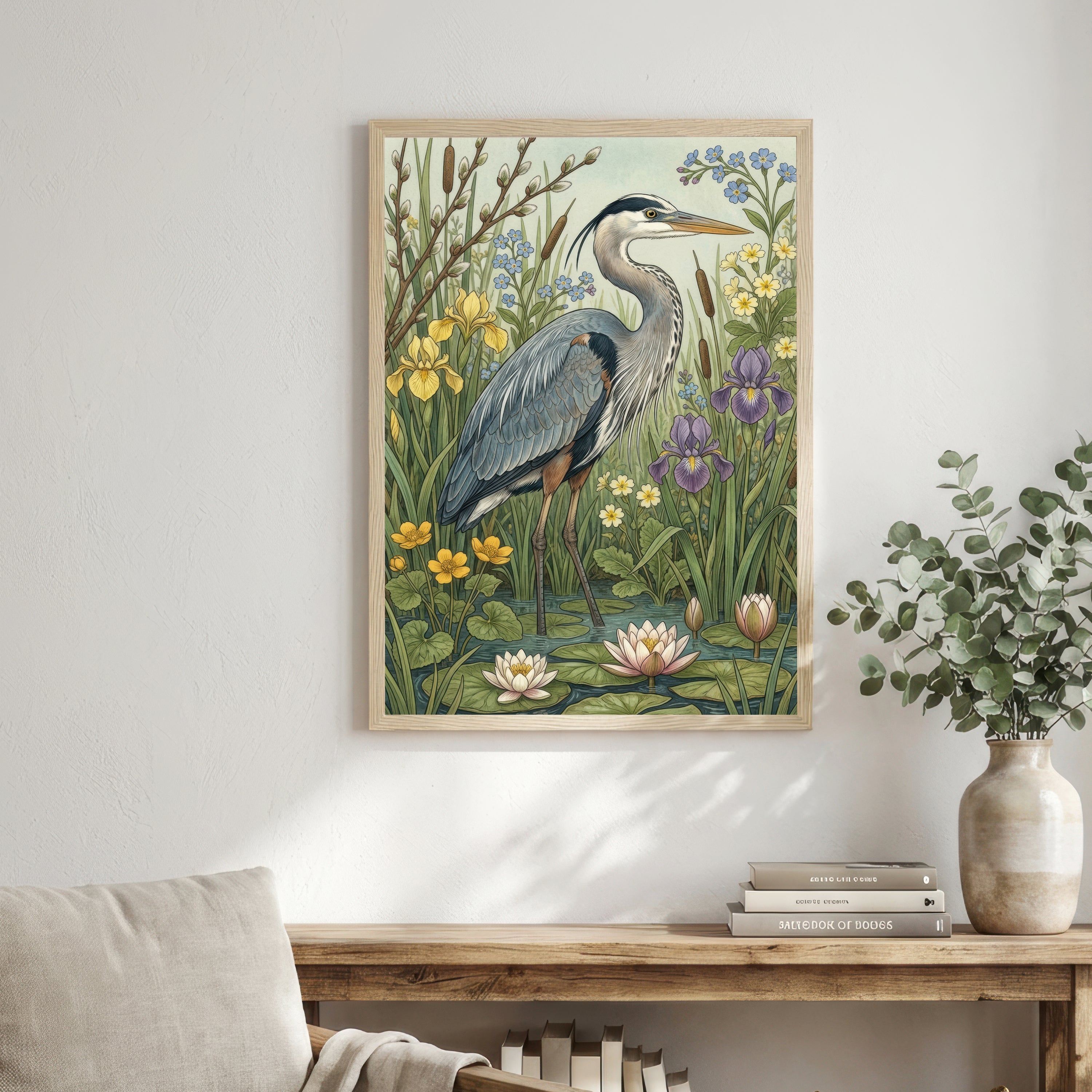 Heron Wetland Botanical Art Print