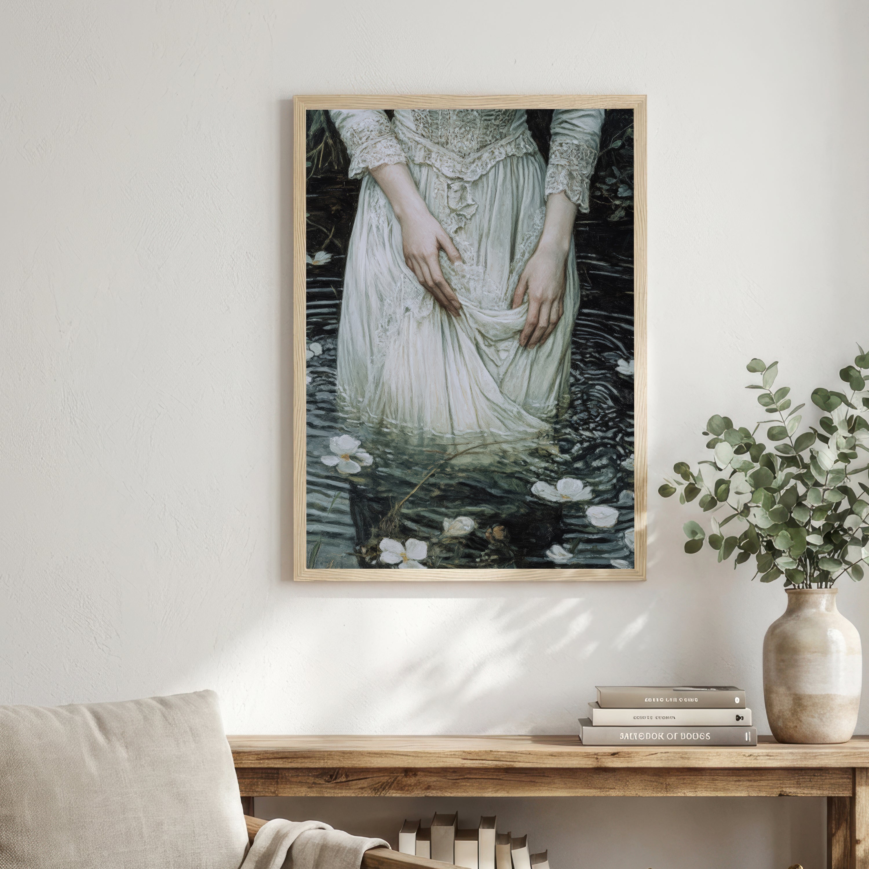 Woman in Water Lily Pond Art Print