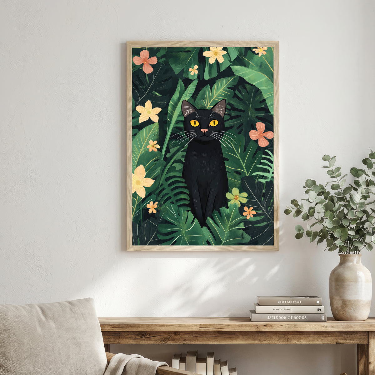 Black Cat Tropical Botanical Art Print