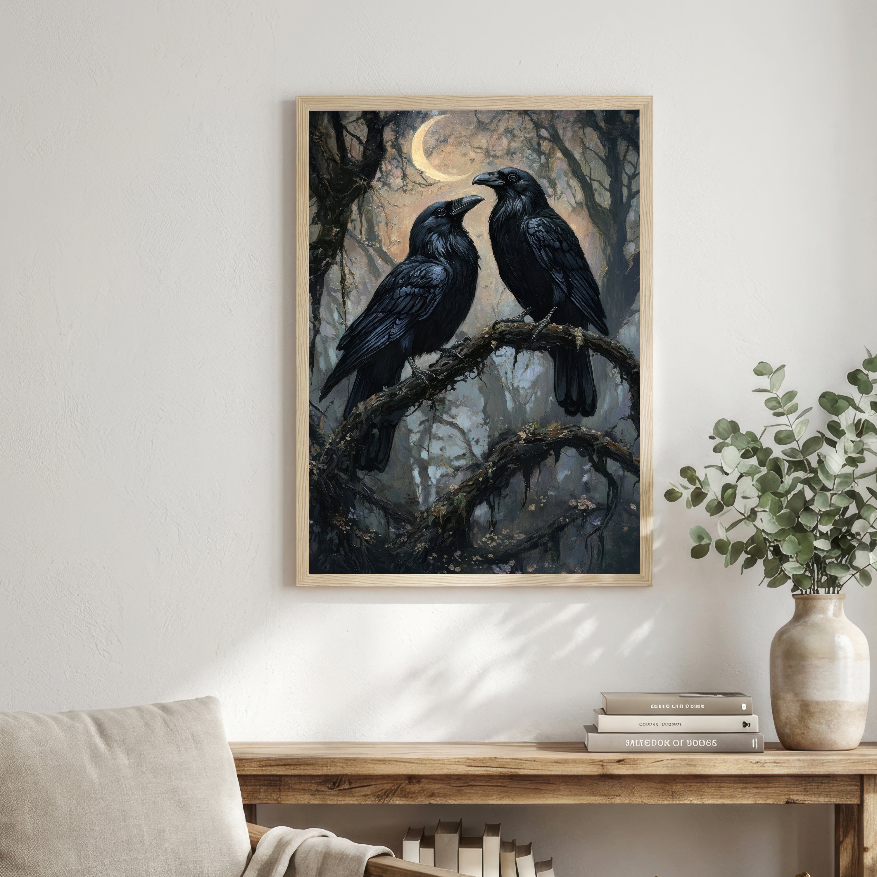 Raven Pair Moonlit Forest Art Print