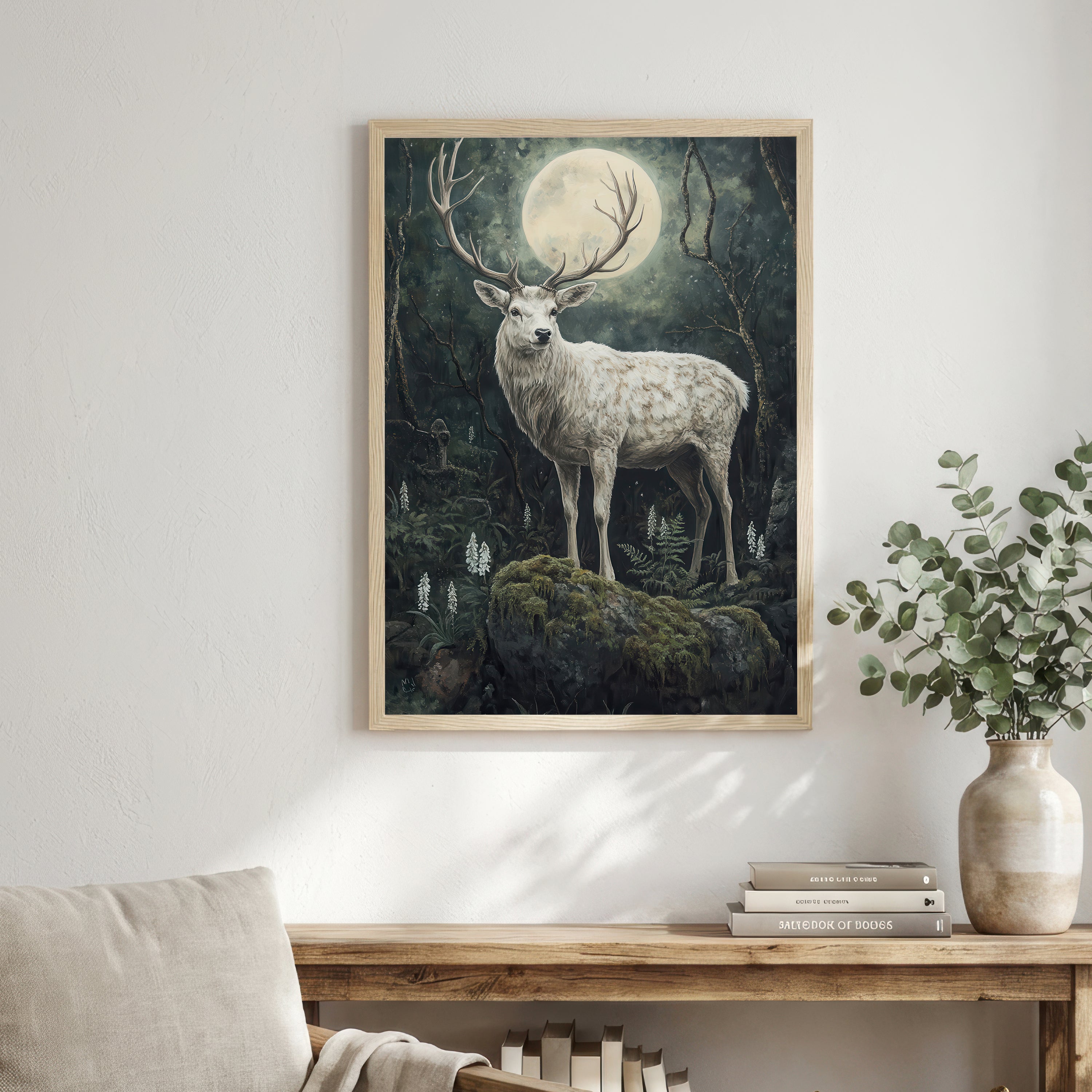 Moonlit White Stag Art Print