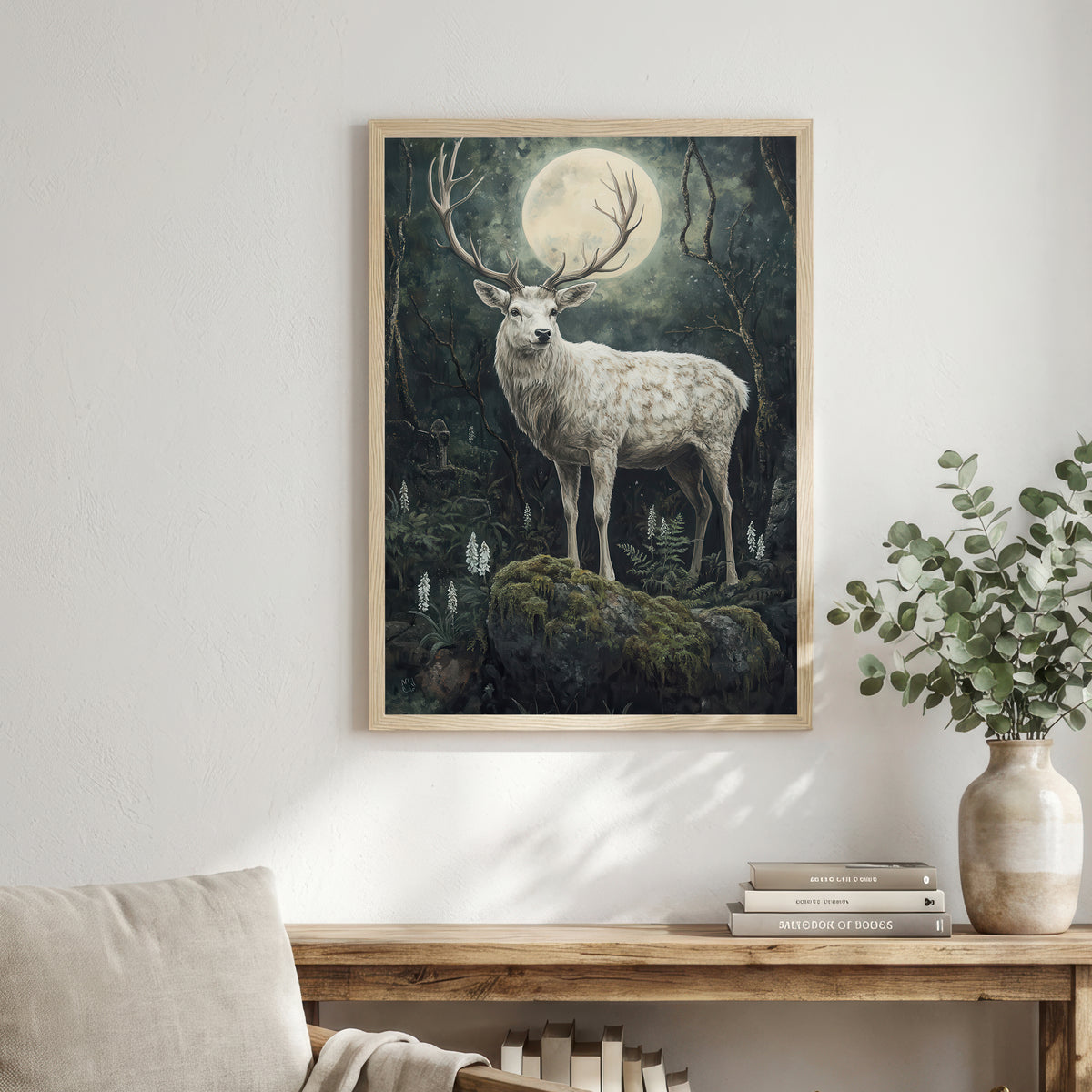 Moonlit White Stag Art Print