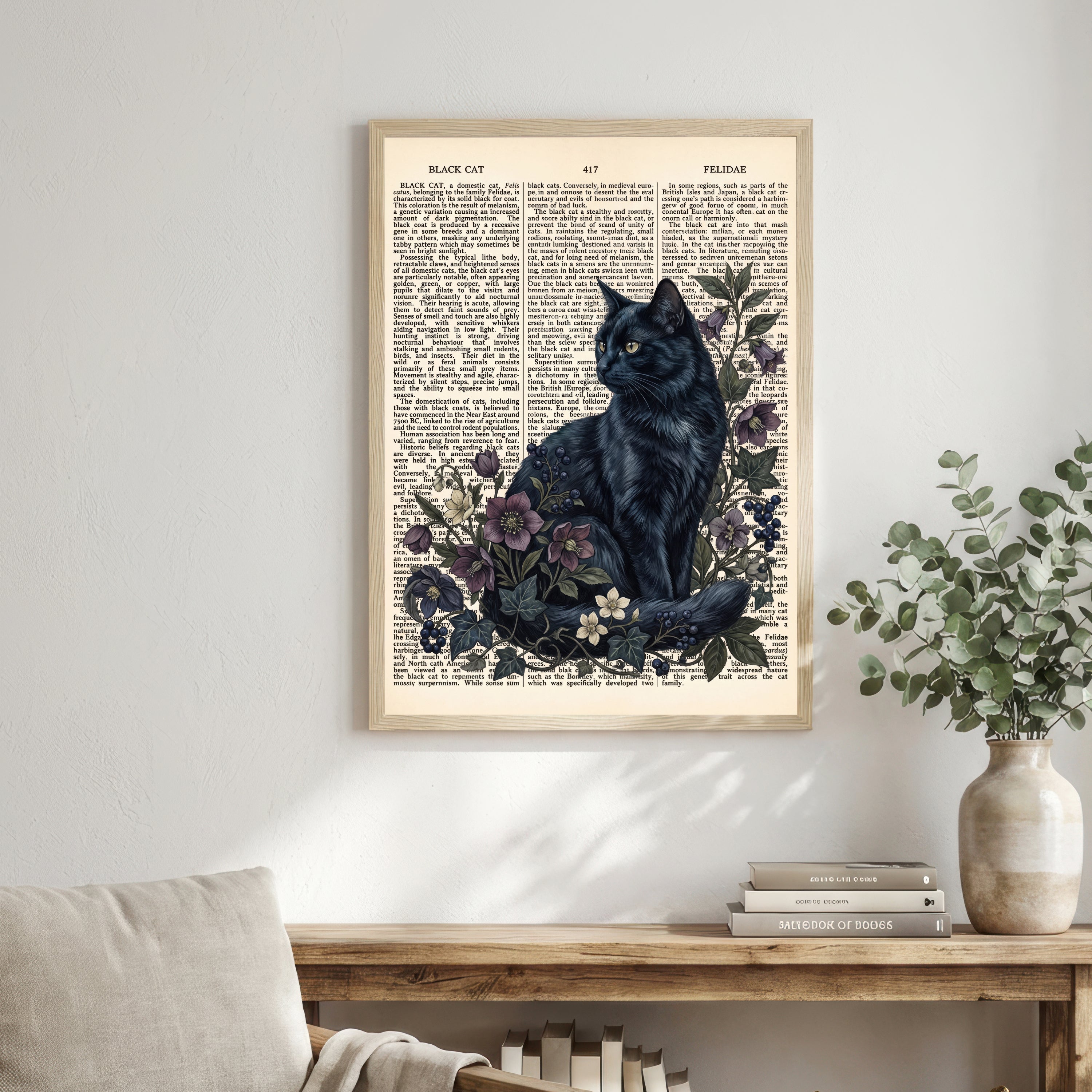 Vintage Black Cat Botanical Art Print