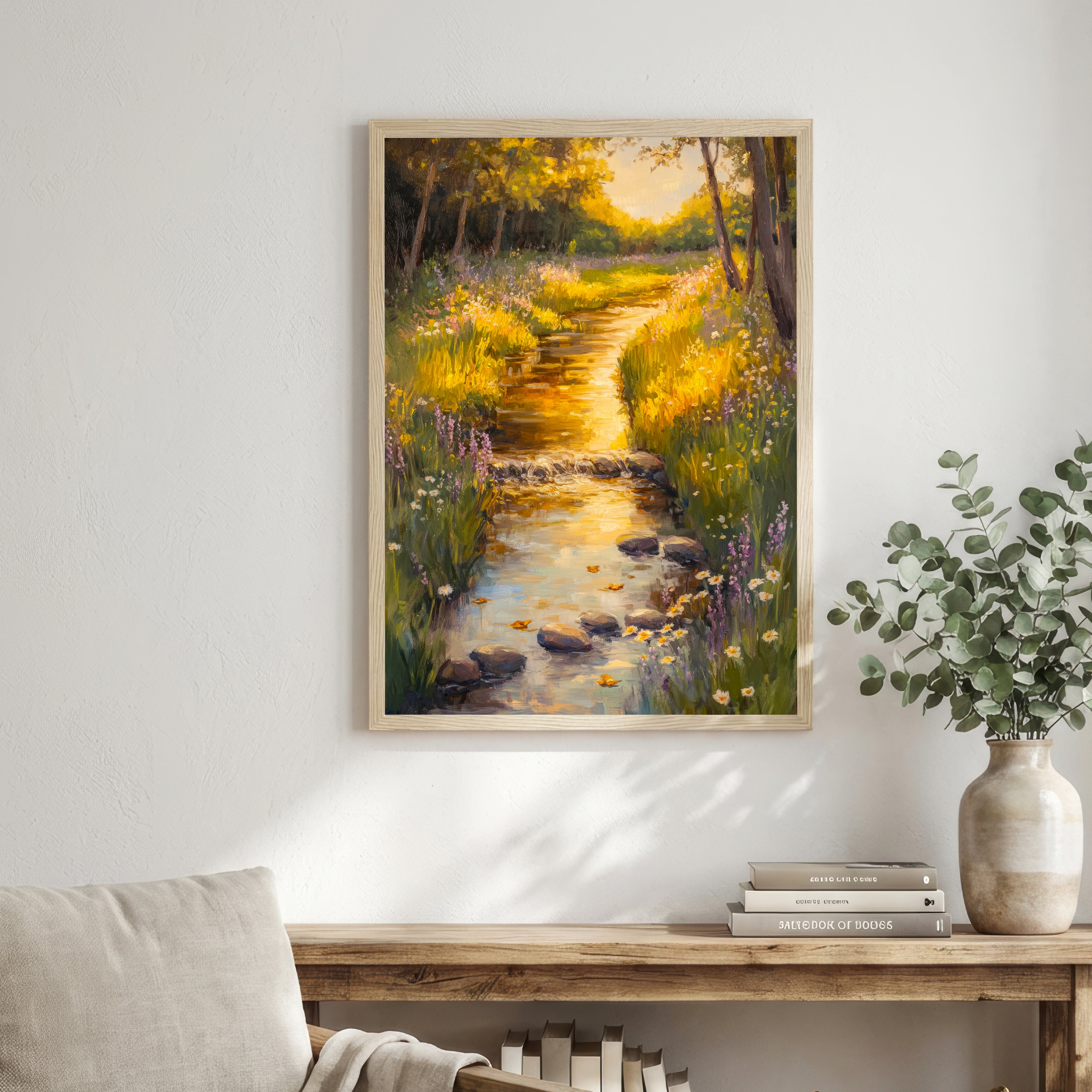 Sunlit Woodland Stream Art Print
