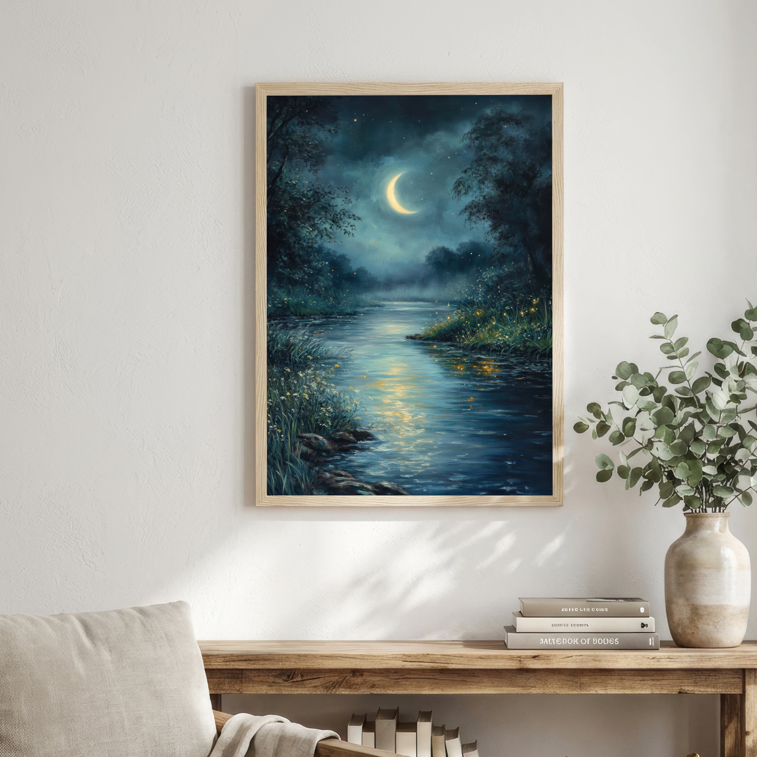 Moonlit Forest River Art Print