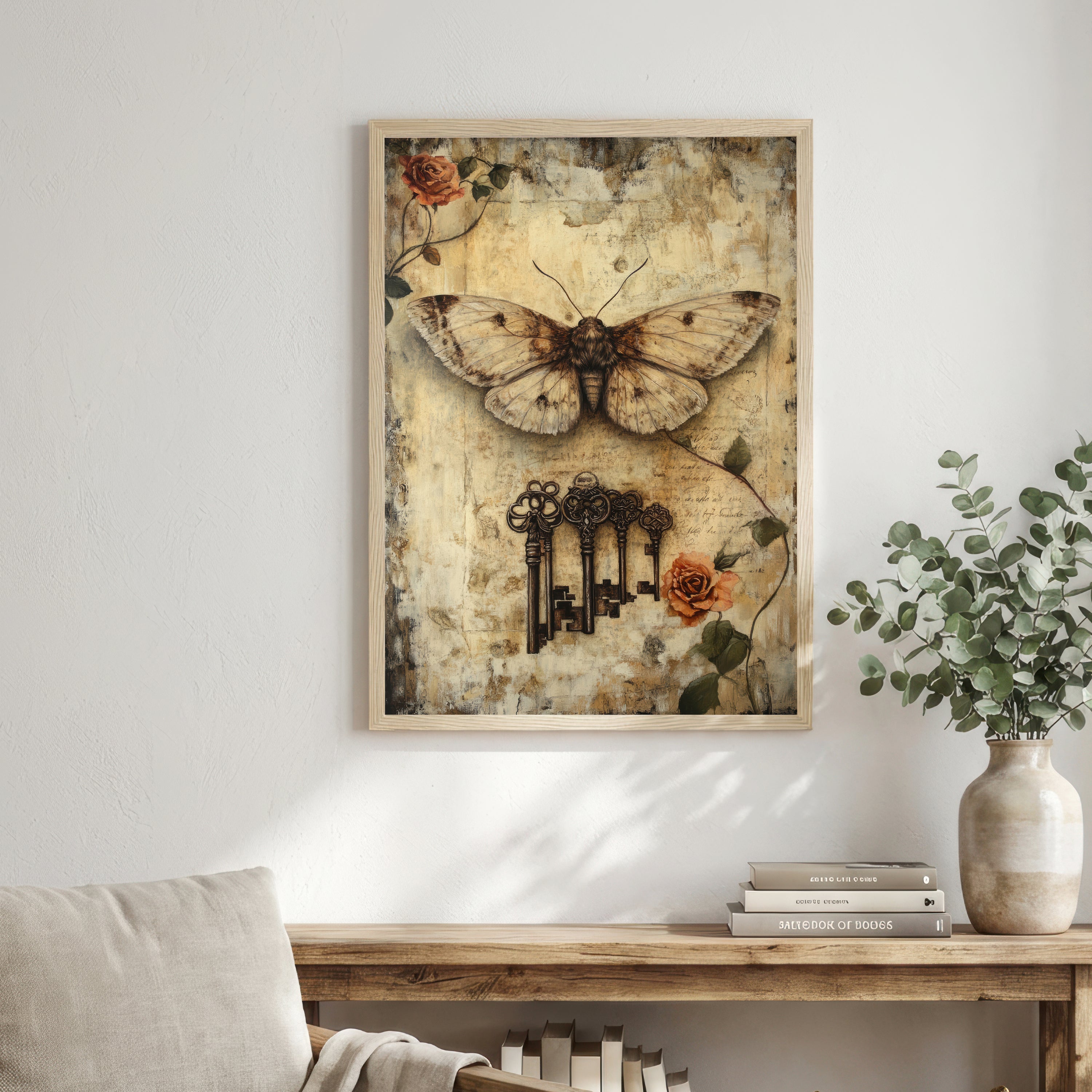 Moth and Keys Vintage Art Print