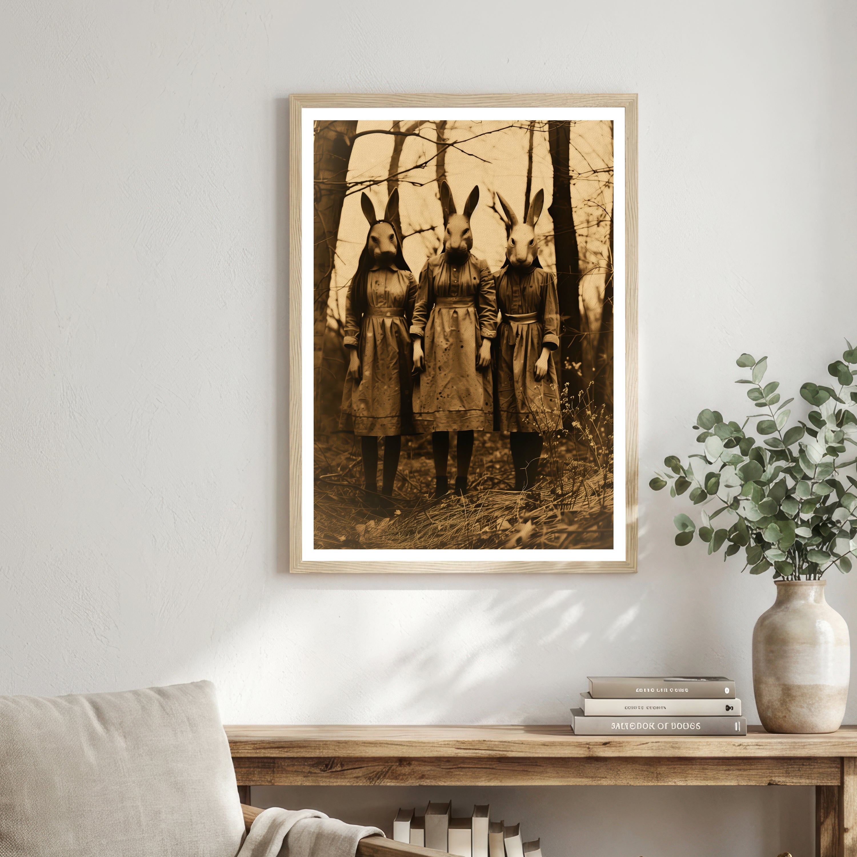 Three Rabbit Girls Dark Academia Art Print